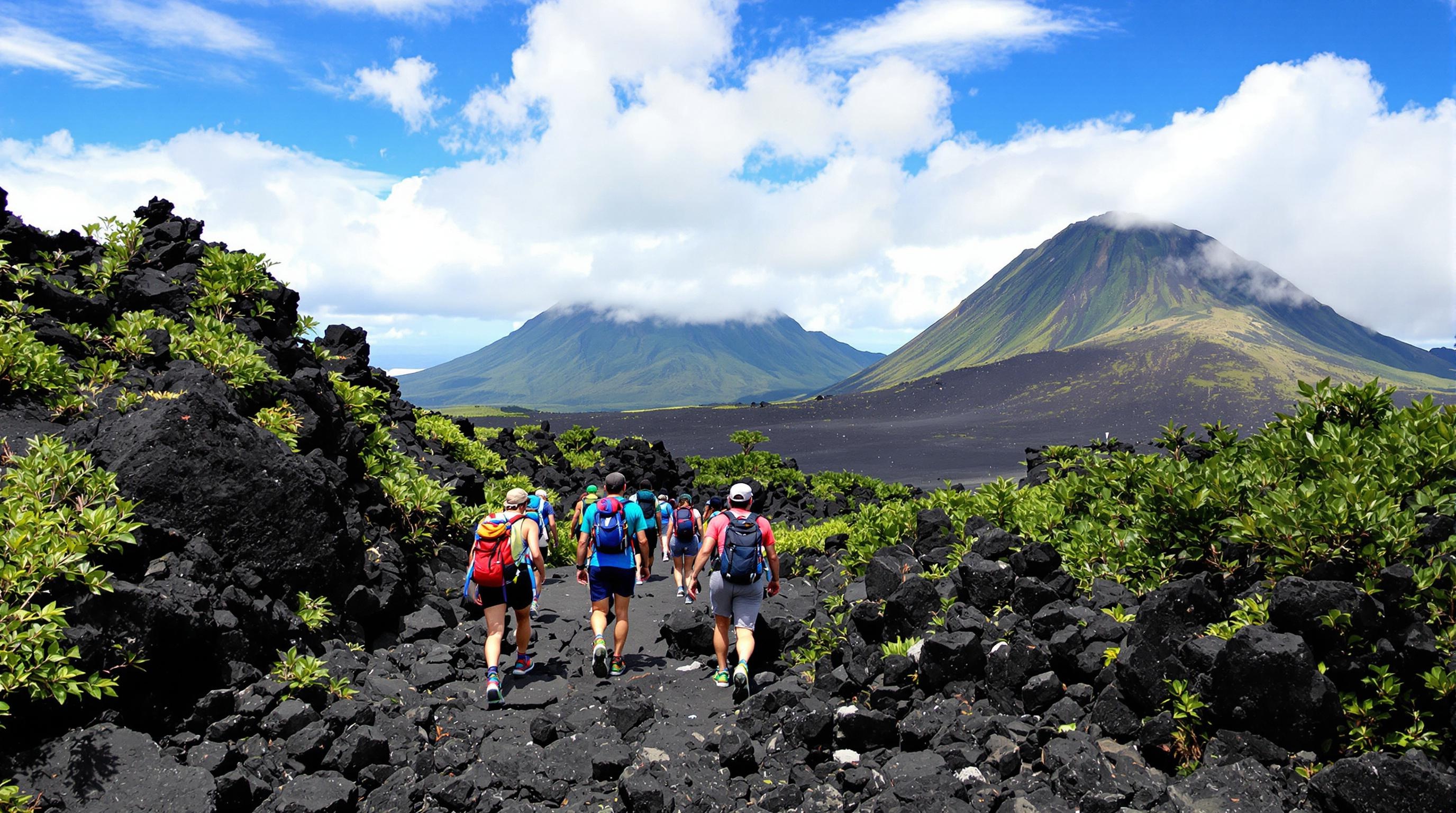 Randonneurs sur un sentier volcanique spectaculaire à La Réunion