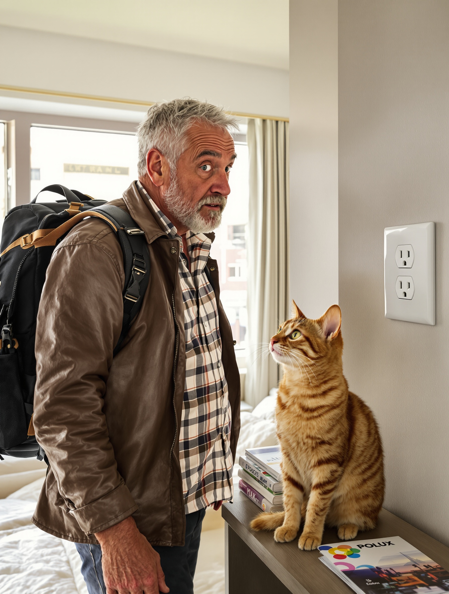 Un homme d'une soixantaine d'années style baroudeur regarde perplexe une prise murale hollandaise dans une chambre d'hôtel à Amsterdam tandis qu'un chat Bengal observe amusé sur le lit.