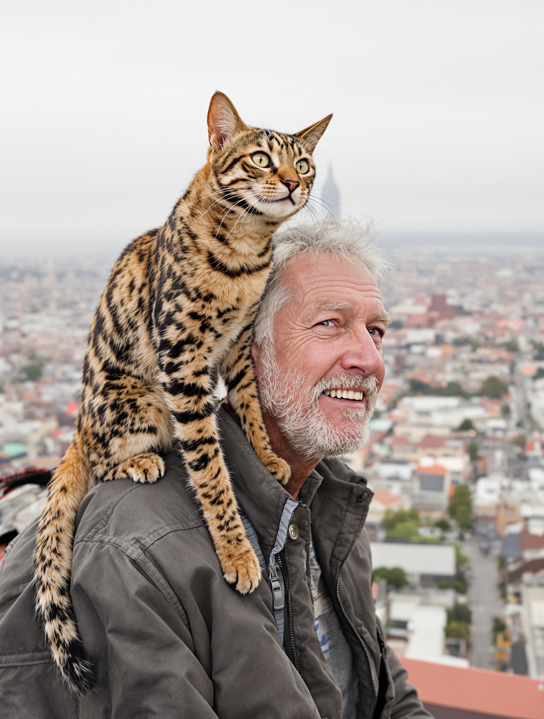 Un homme d'une soixantaine d'années, au visage buriné et au regard bienveillant, avec un chat Bengal sur l'épaule, regardant un paysage urbain au loin depuis un point de vue élevé.