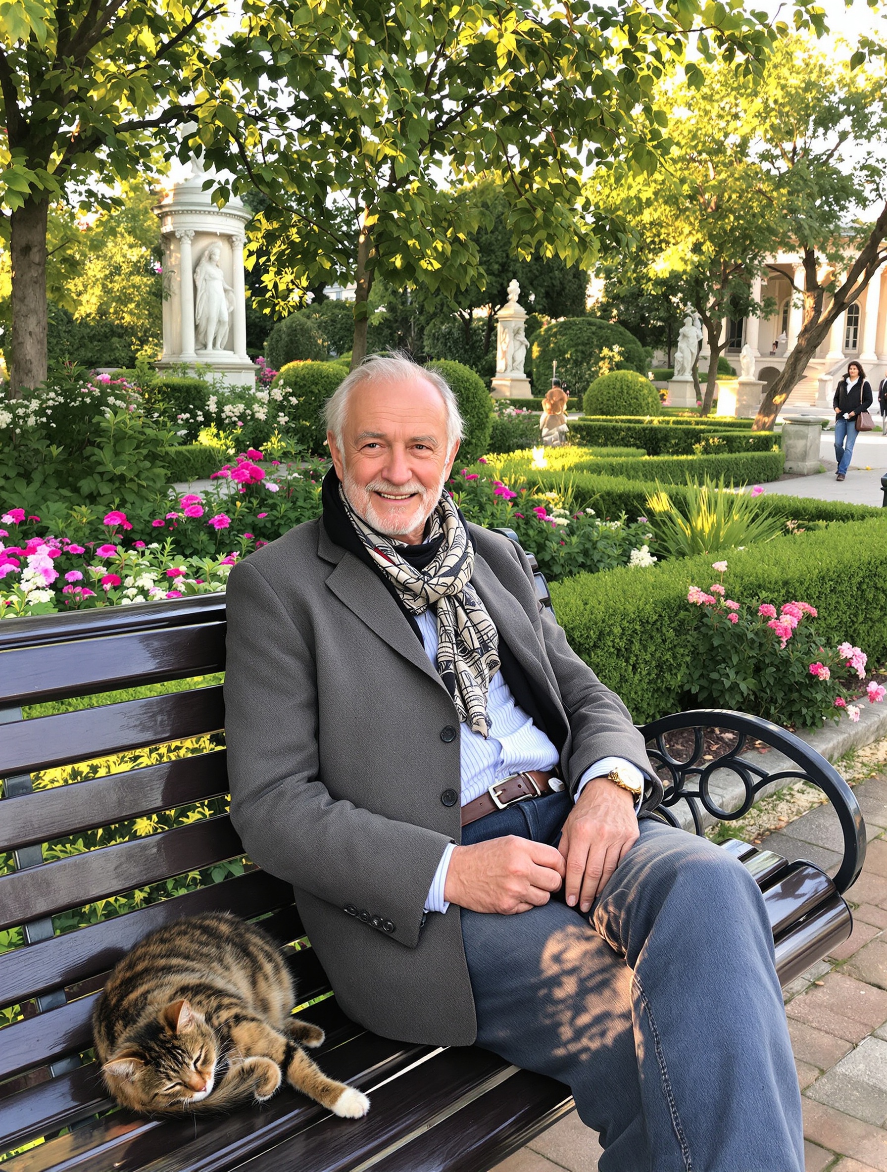 Victor Marleau et son chat Bengal Polux dans les Jardins Wallenstein à Prague