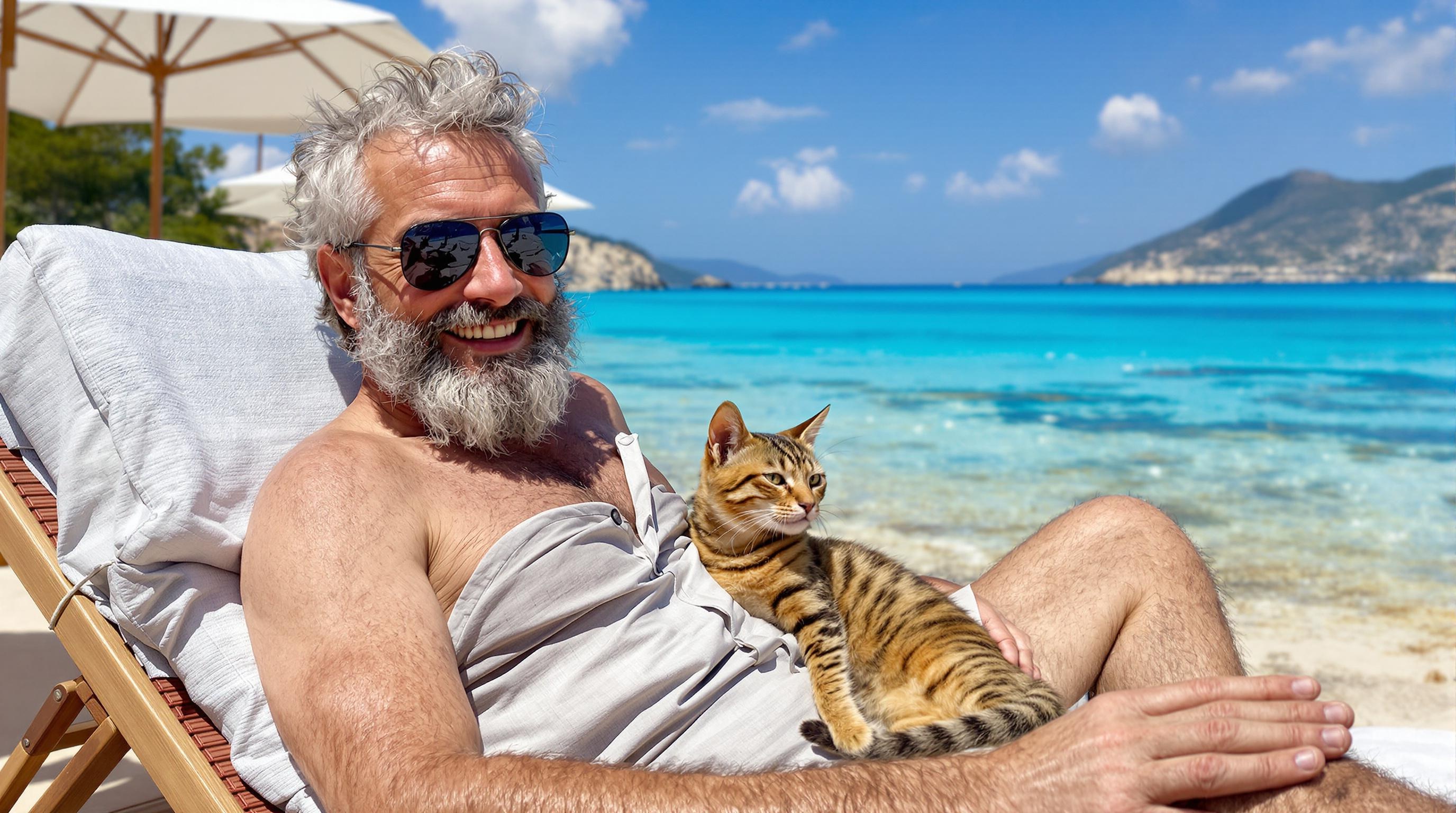 Un senior baroudeur avec un chat Bengal sur un transat dans une île grecque