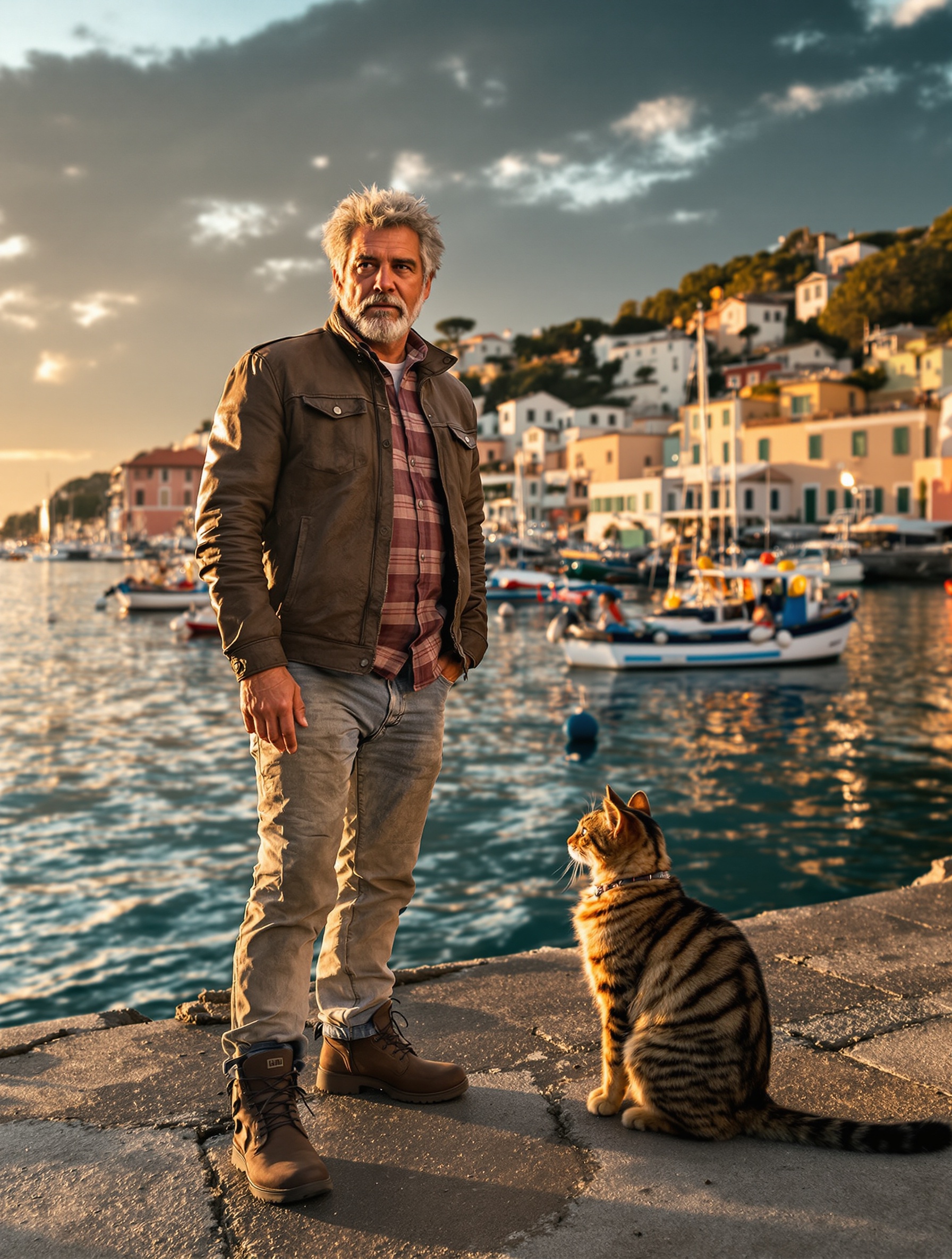 Baroudeur senior et son chat Polux sur une jetée ligure au coucher du soleil.