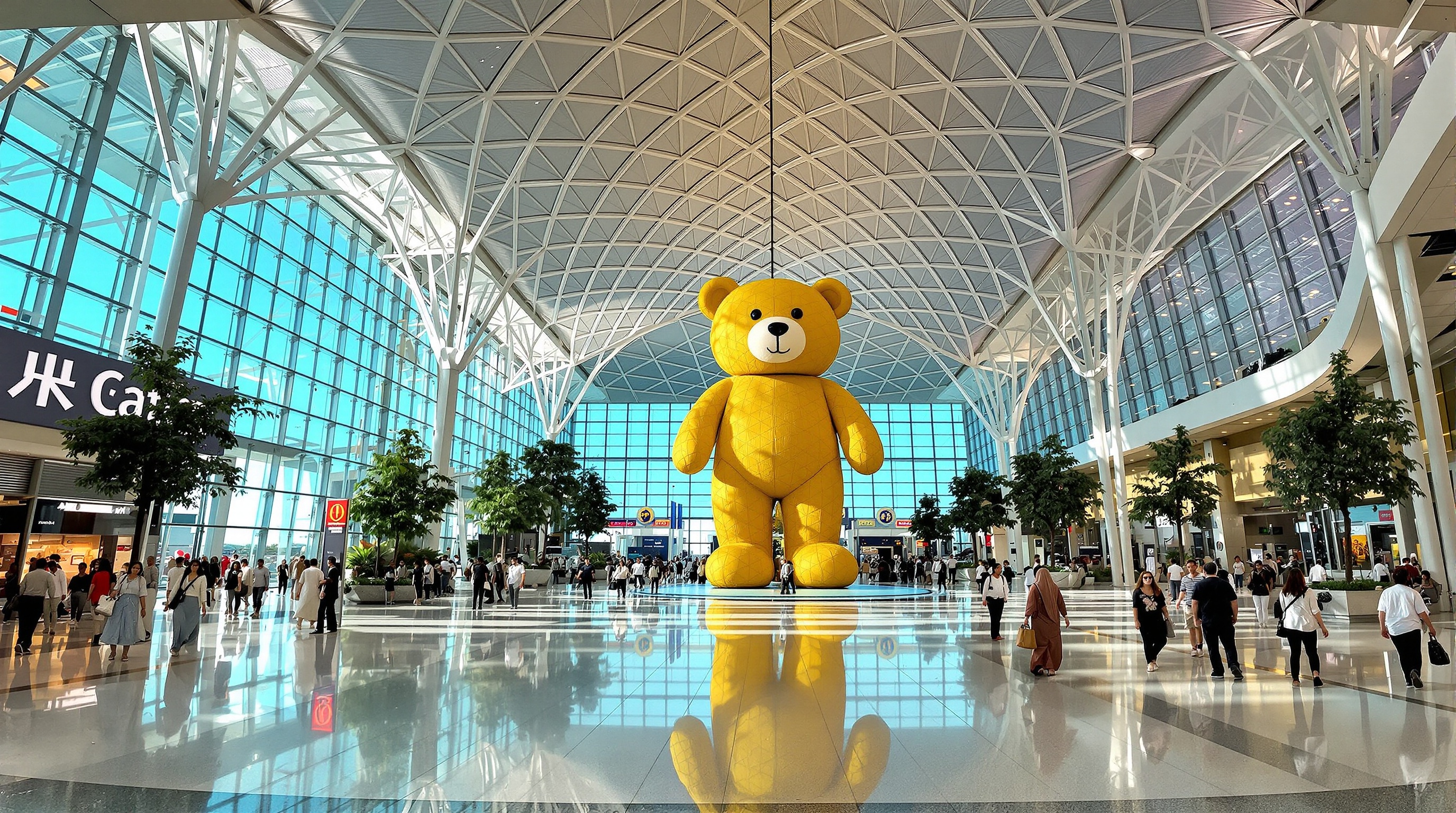 Intérieur spacieux et moderne de l'aéroport international Hamad à Doha avec l'ours en peluche géant