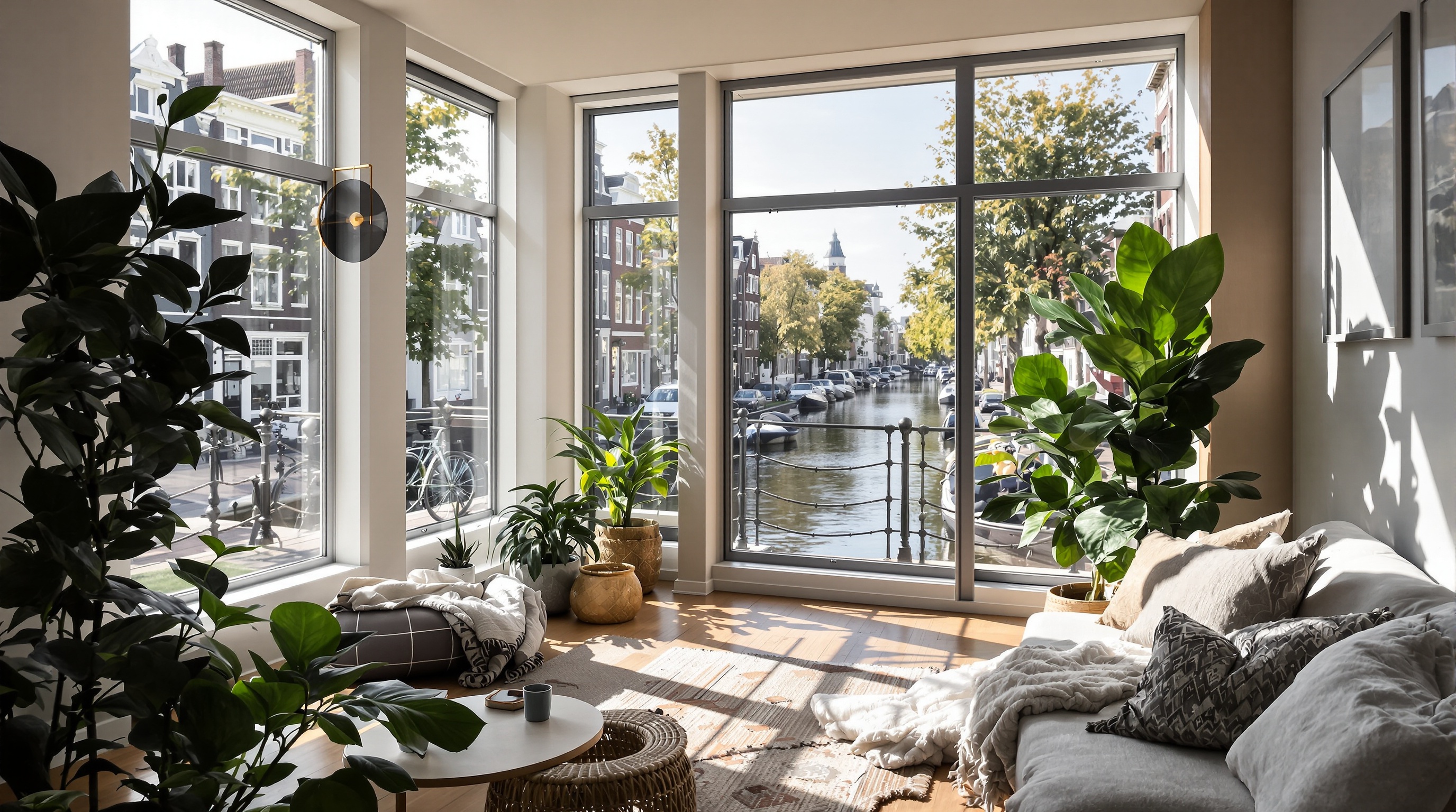 Intérieur lumineux d'un appartement typique à Amsterdam avec vue canal