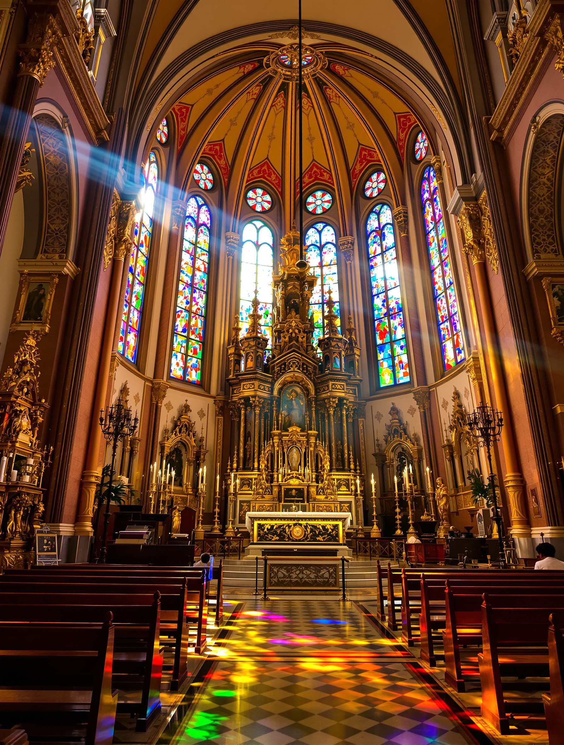 Intérieur de la Cathédrale Sé de Angra, autel richement décoré, lumière filtrée par les vitraux
