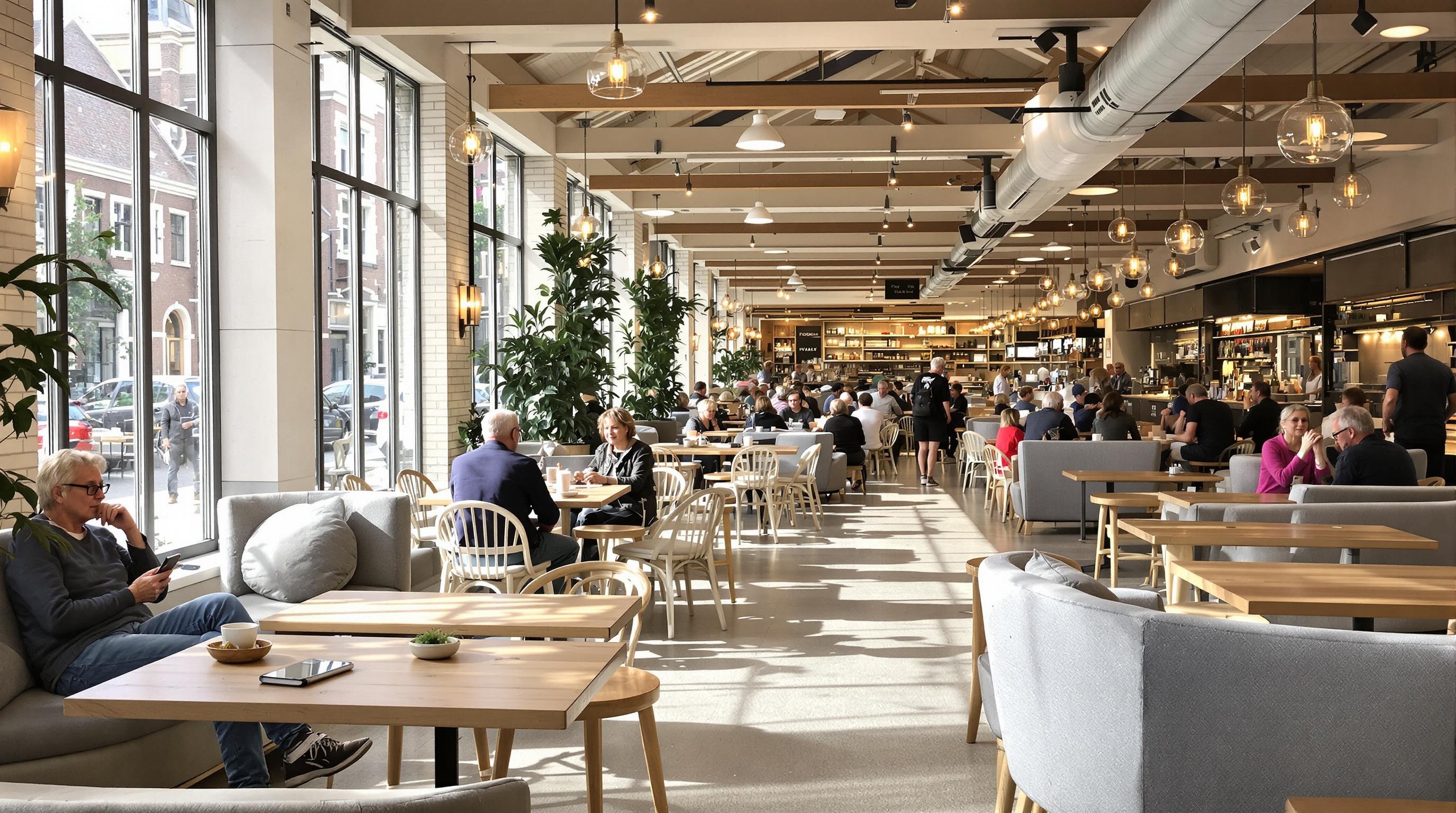 Intérieur chaleureux des Foodhallen avec espaces assis adaptés aux seniors