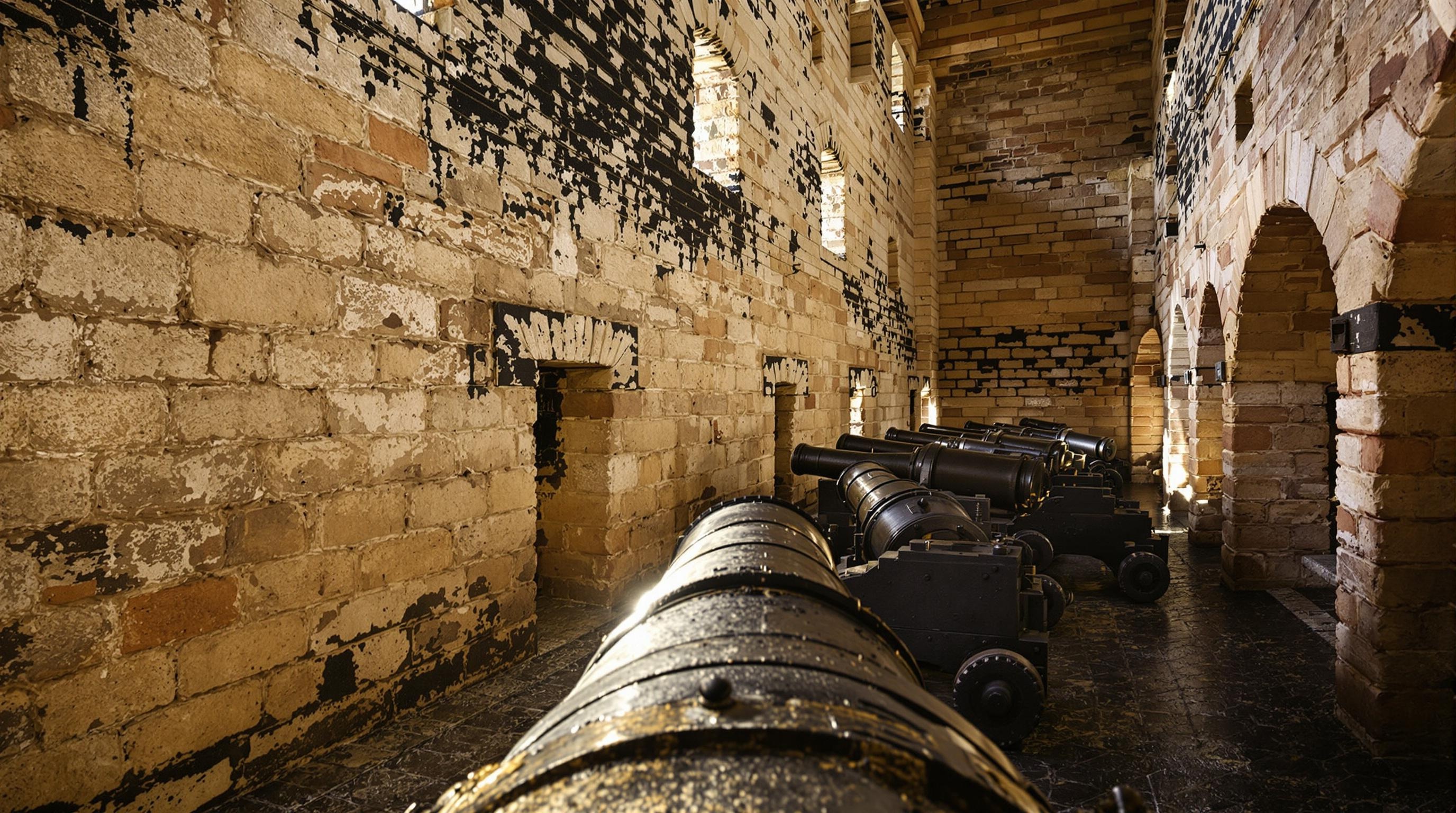 Intérieur du Fort de Bard montrant les canons et les remparts.