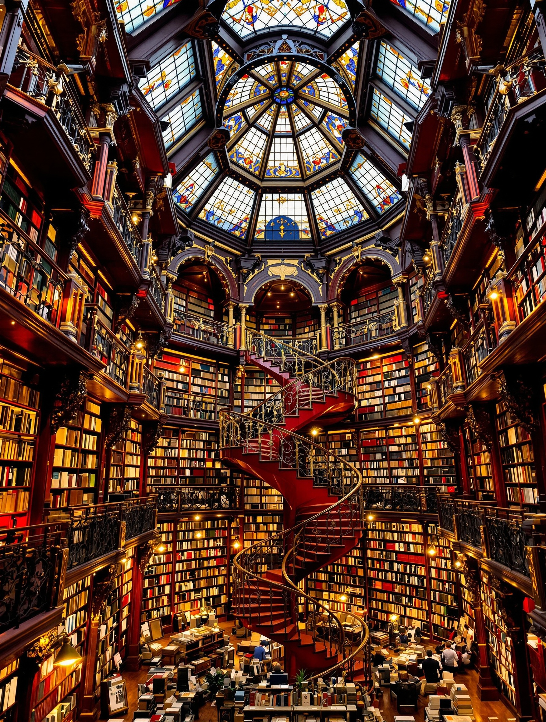 Intérieur de la Librairie Lello, Porto, avec ses étagères chargées de livres anciens et son atmosphère d'antan, rappelant l'univers magique.