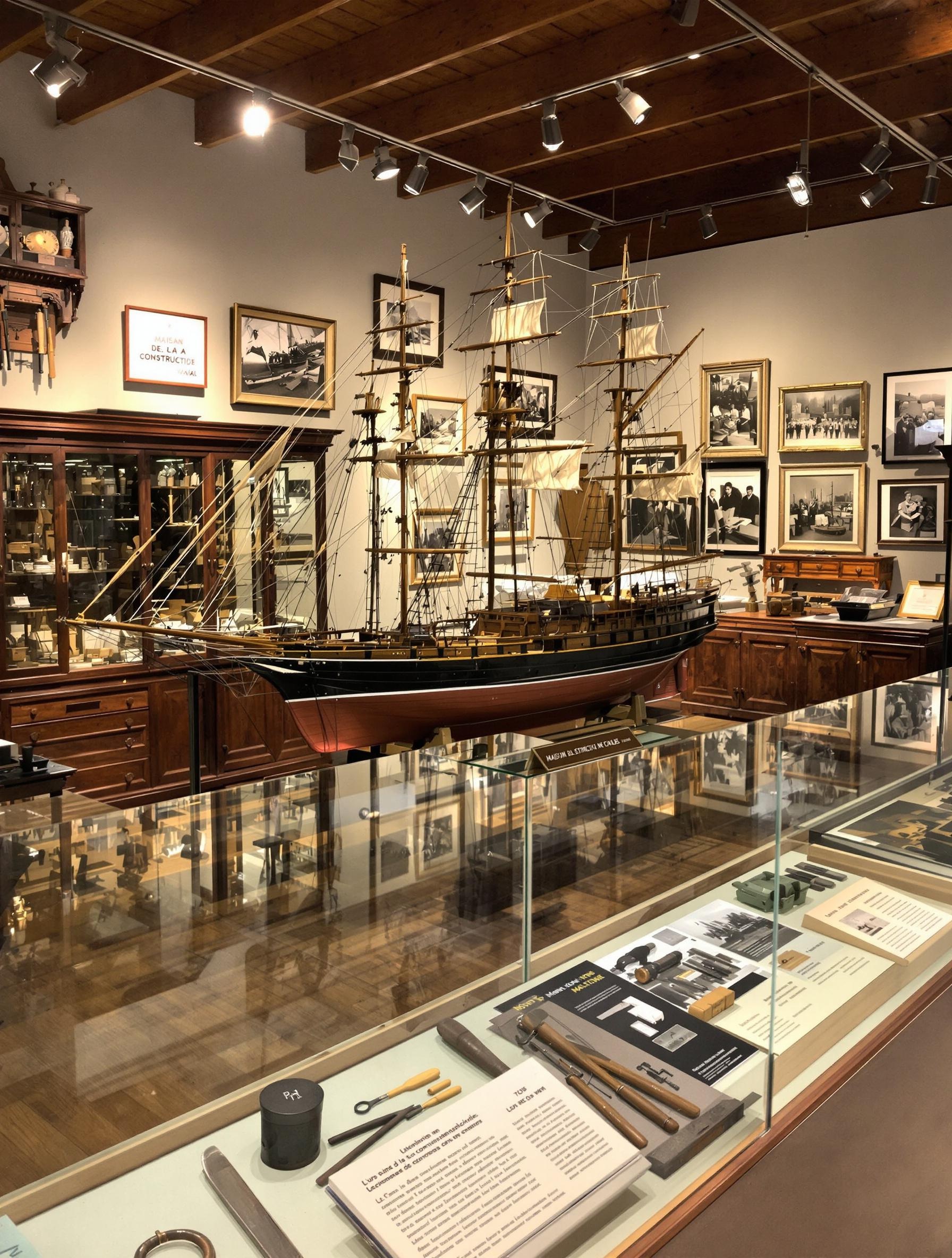 Intérieur du musée Maison de la Construction Navale, maquettes de bateaux et outils d’atelier.