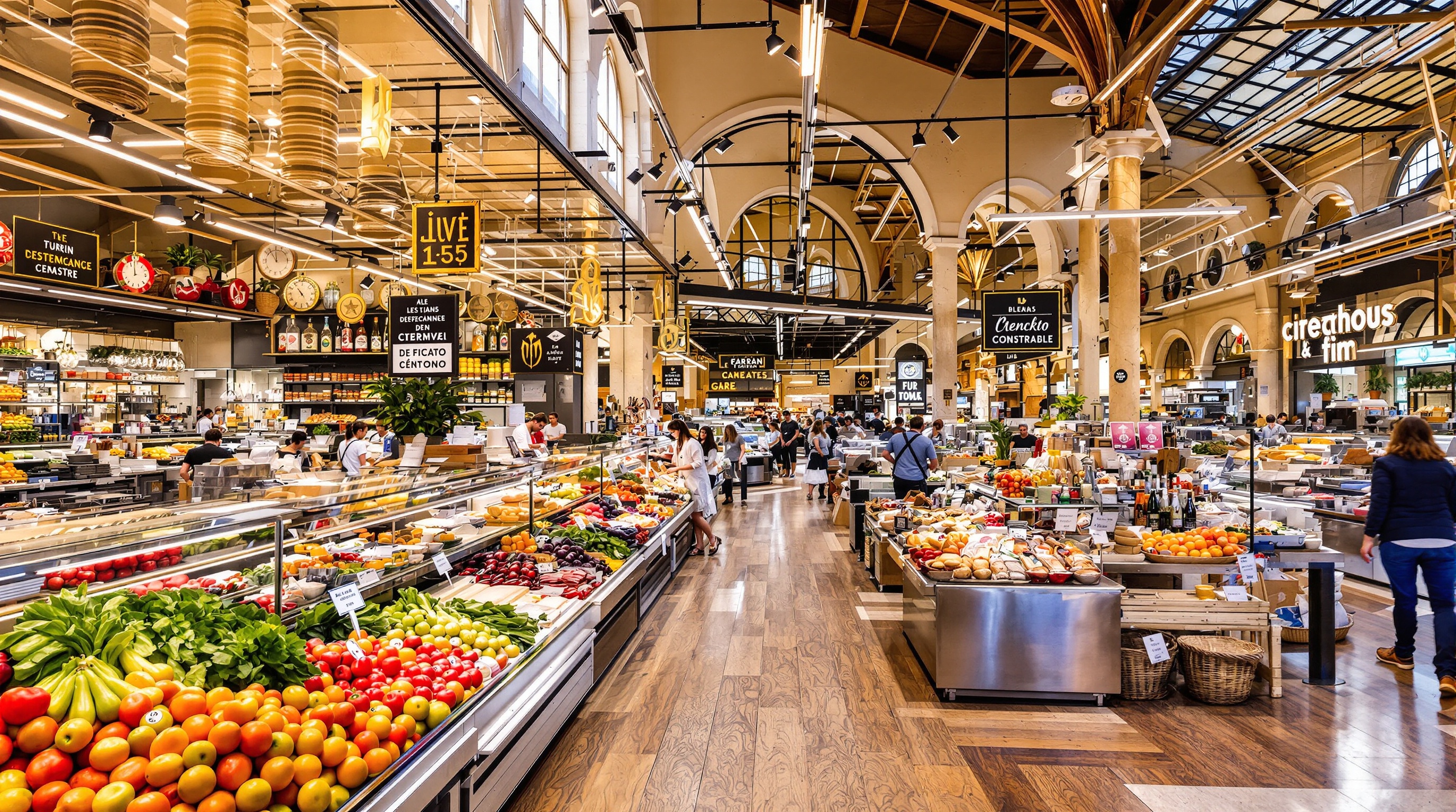 Intérieur du Mercato Centrale de Turin, avec ses étals modernes proposant des produits frais et des spécialités culinaires, créant une ambiance conviviale et gourmande.