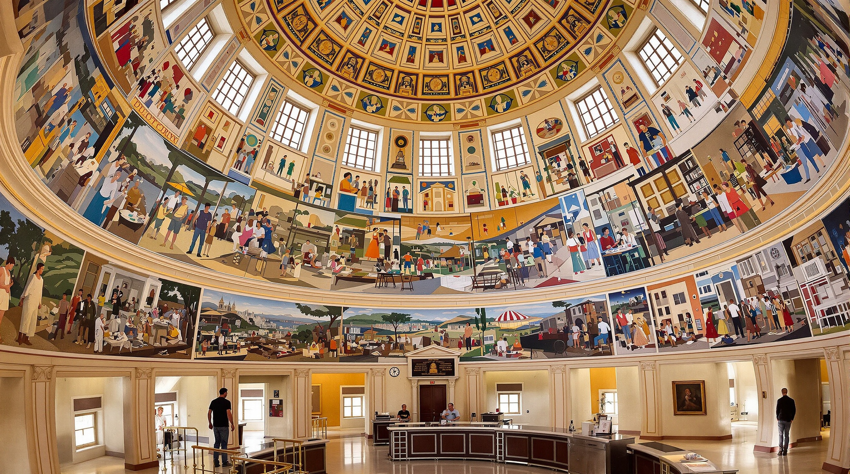 Fresques murales colorées dans la rotonde de la Coit Tower, scènes de vie californienne années 30