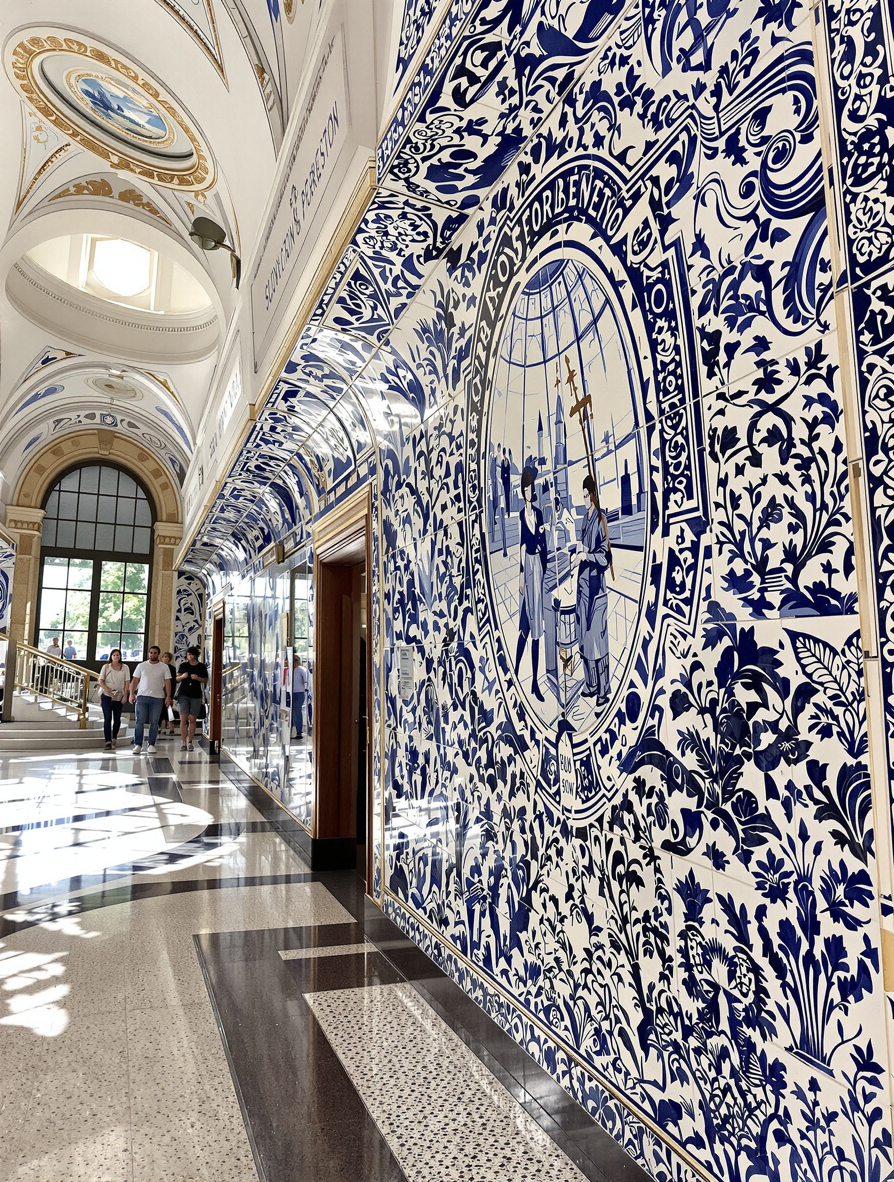 Photo de l'intérieur de la station de métro São Bento à Porto, mettant en valeur les magnifiques fresques d'azulejos bleus et blancs qui recouvrent les murs.