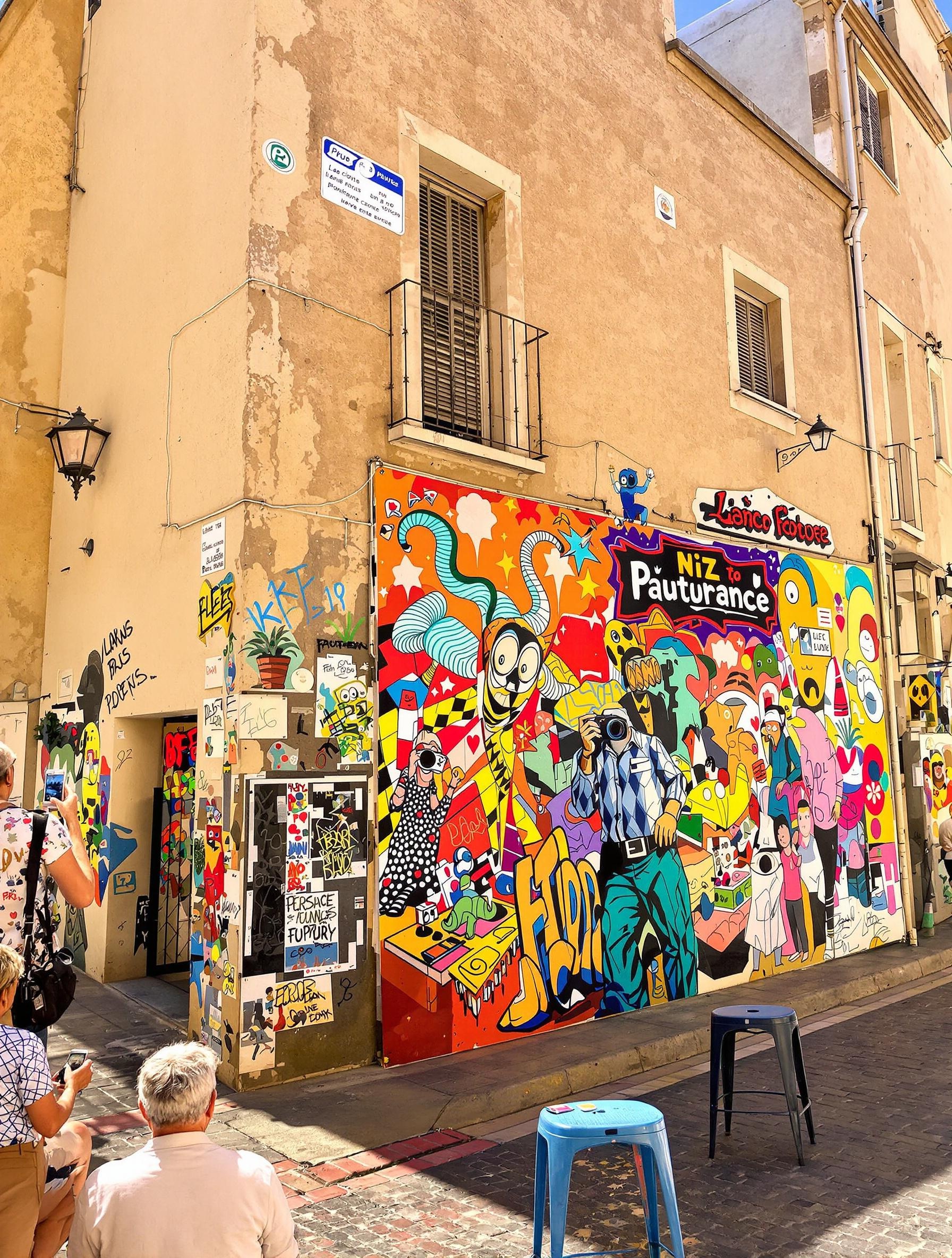 Itinéraire street art à La Ciotat, fresques colorées sur murs d'immeubles anciens, signatures d'artistes locaux, seniors prenant des photos, ruelles provençales.