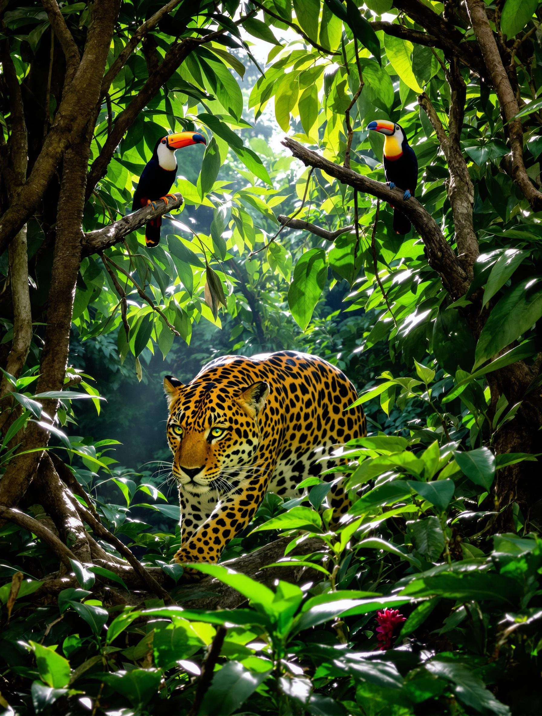 Jaguar furtif et toucan dans la jungle luxuriante du Parc del Jaguar à Tulum.