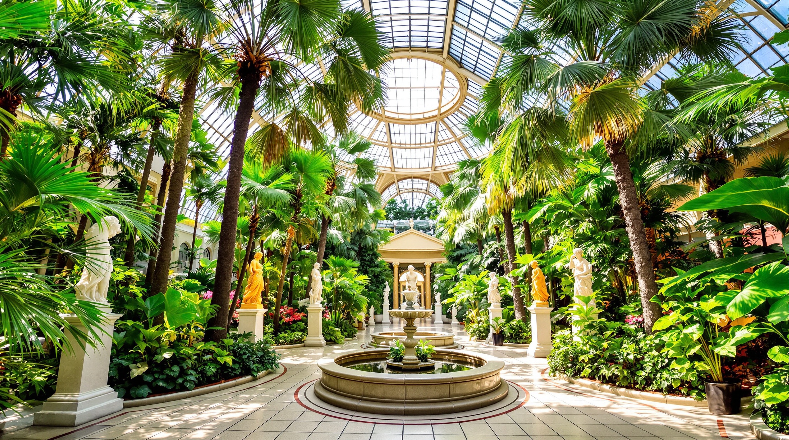 Le jardin d'hiver luxuriant de la Ny Carlsberg Glyptotek à Copenhague, baigné de lumière naturelle, avec des palmiers et des sculptures créant une atmosphère de sérénité.