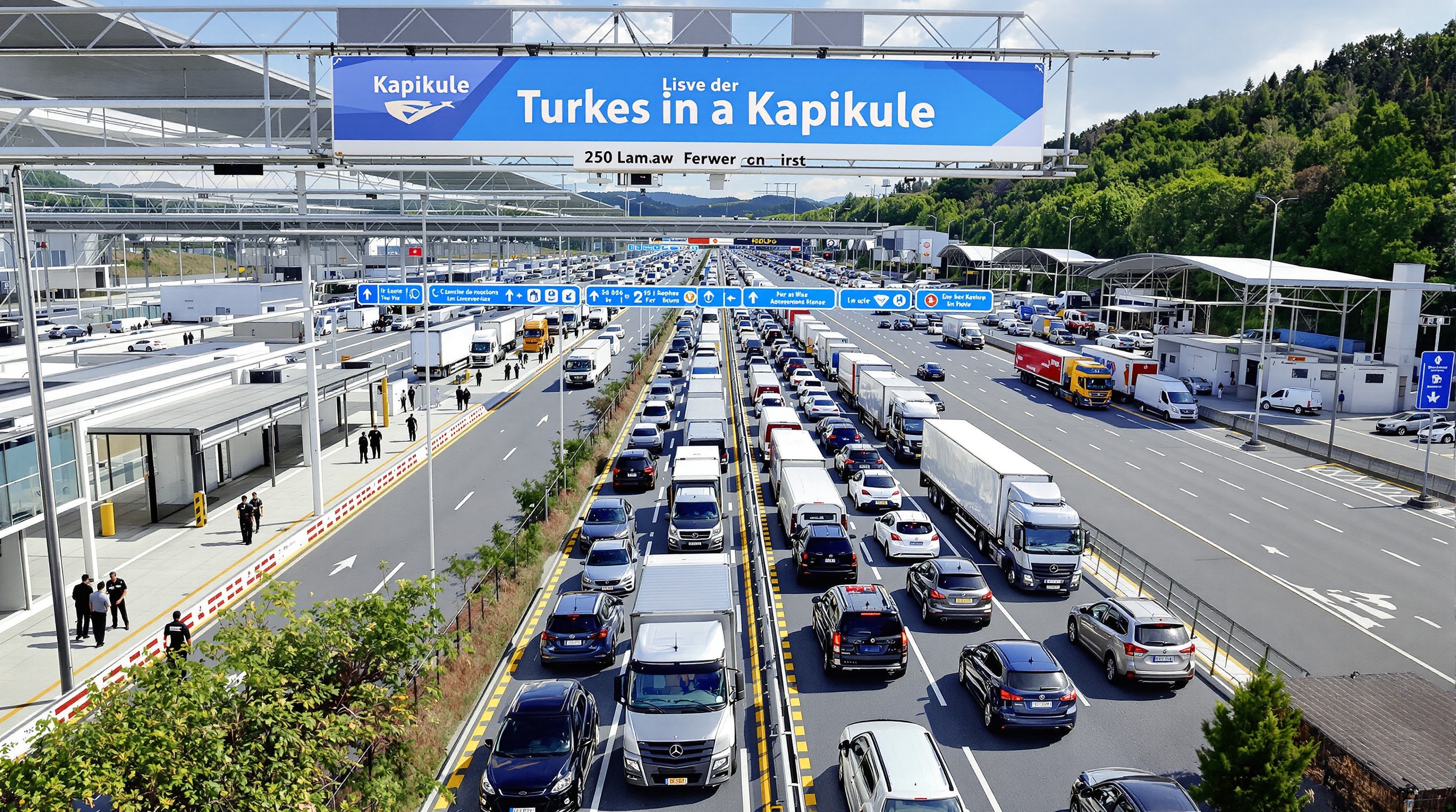 Poste-frontière moderne de Kapıkule avec files de voitures et camions.