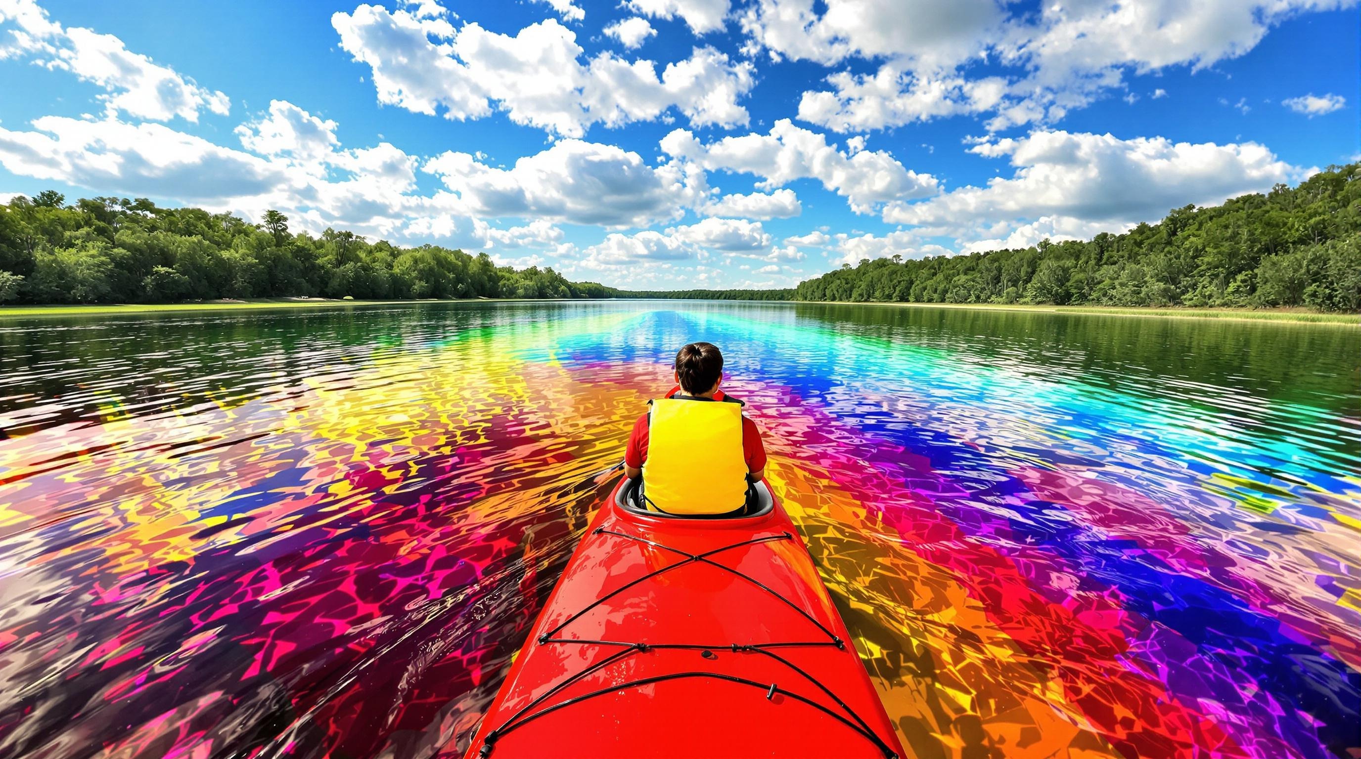 Kayakiste naviguant sur les lacs arc-en-ciel de Denmark avec reflets colorés