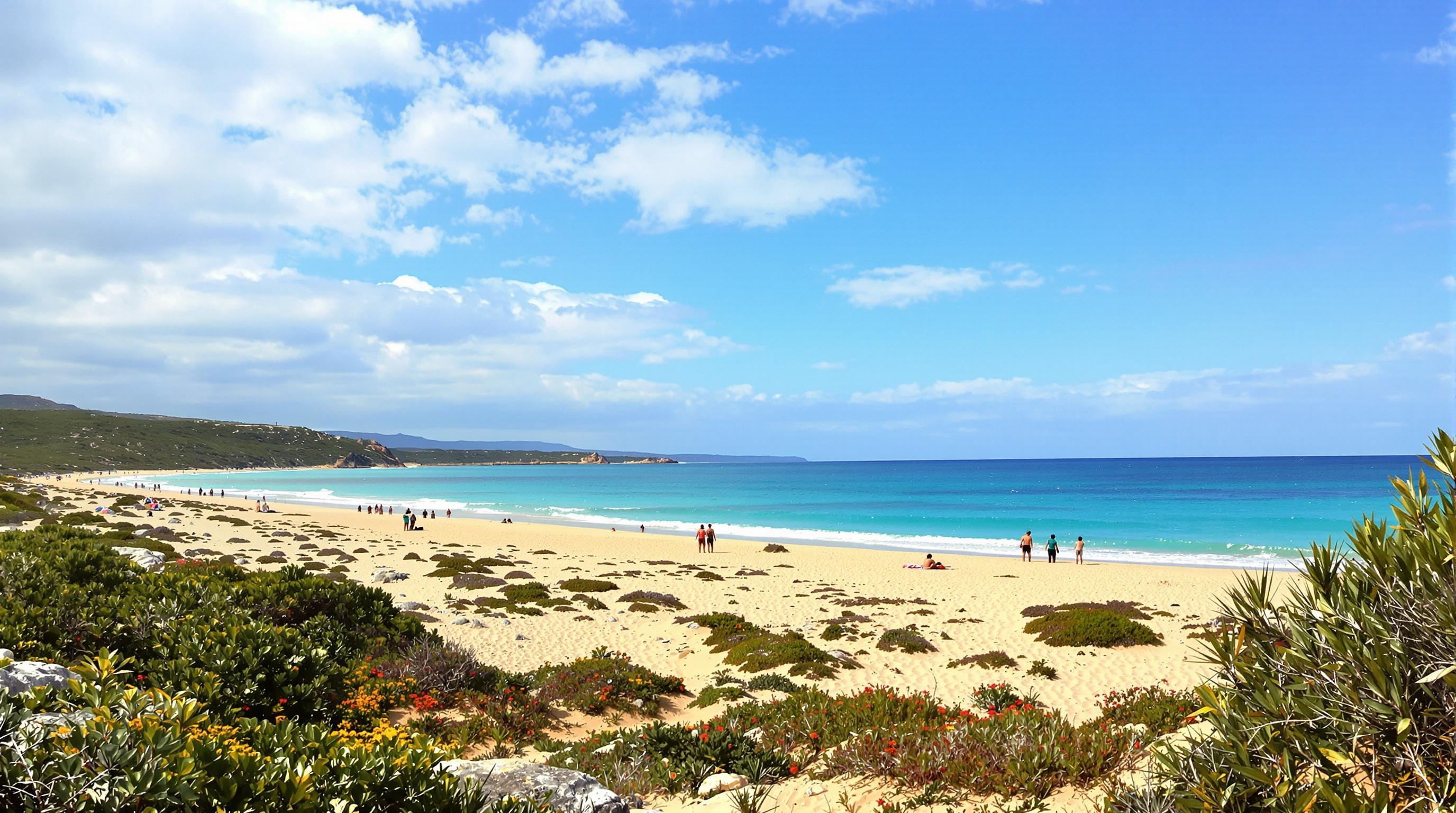 La Pelosa en basse saison avec plage semi-déserte et ciel partiellement nuageux.