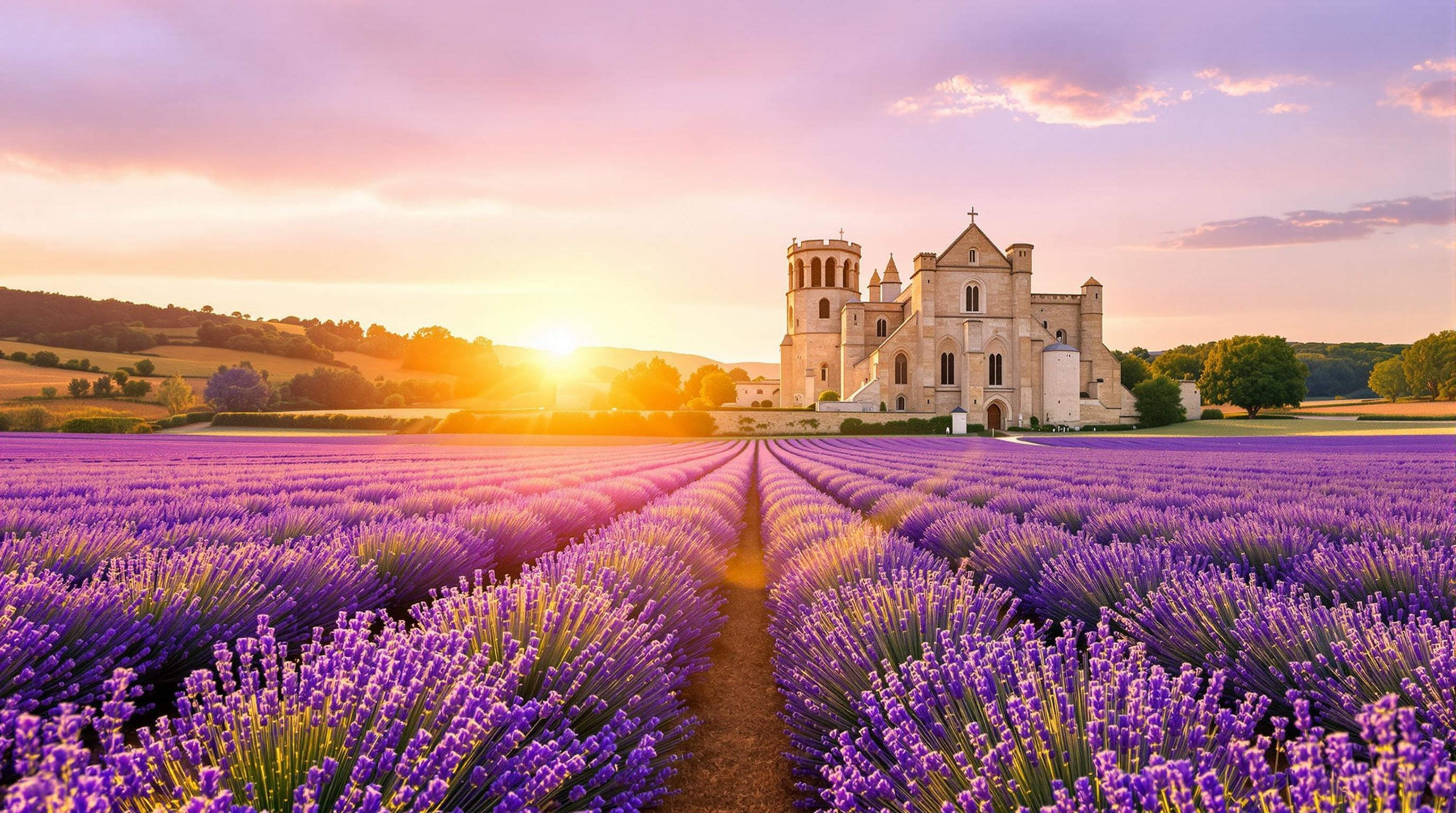 Lavandes en fleurs devant l’abbaye Notre-Dame de Sénanque au lever du soleil