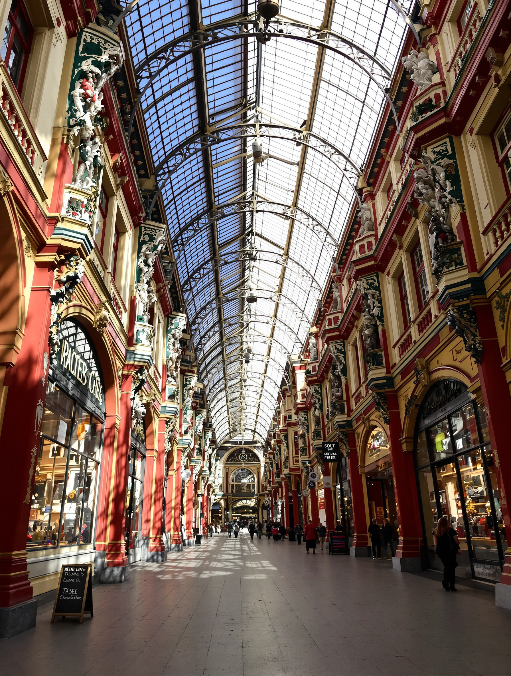 Leadenhall Market : architecture victorienne ornée baignée par une lumière naturelle.