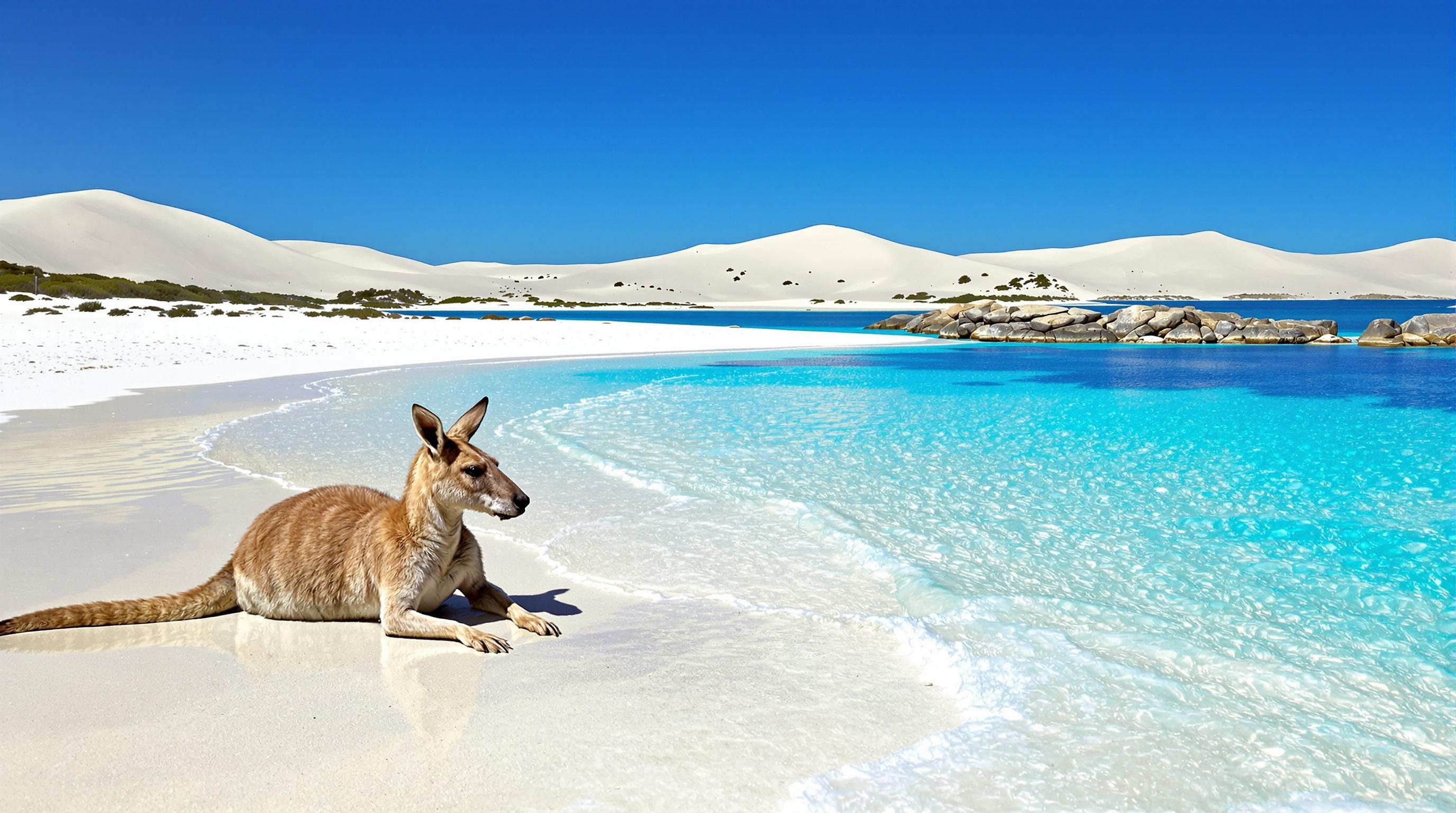 Lucky Bay à Esperance, sable blanc immaculé, kangourou se prélassant au bord de l’eau