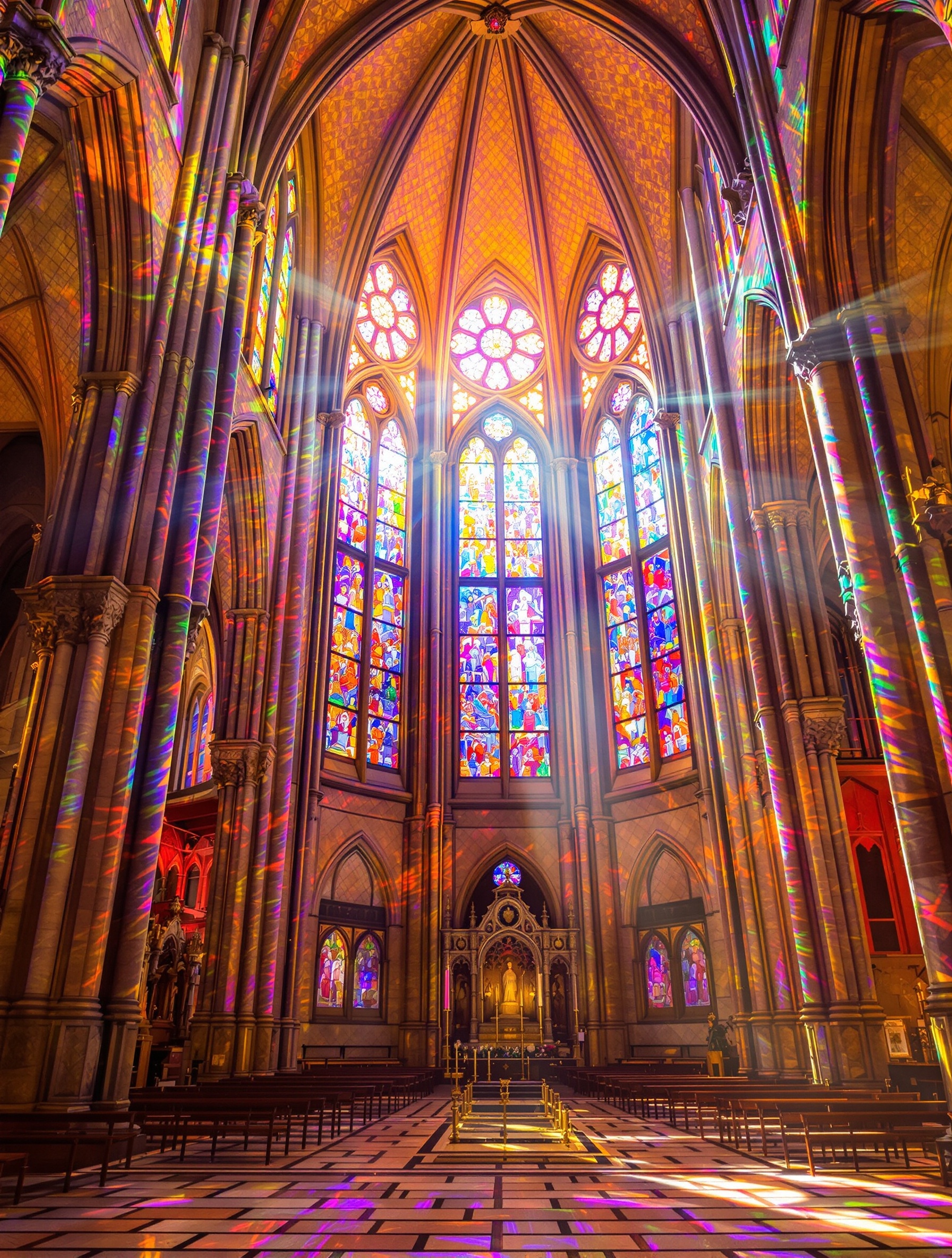 L'instant magique à 16h, lorsque la lumière traverse la grande rosace ouest de la Primatiale Saint-Jean, projetant des couleurs divines sur les piliers gothiques et les dalles anciennes.