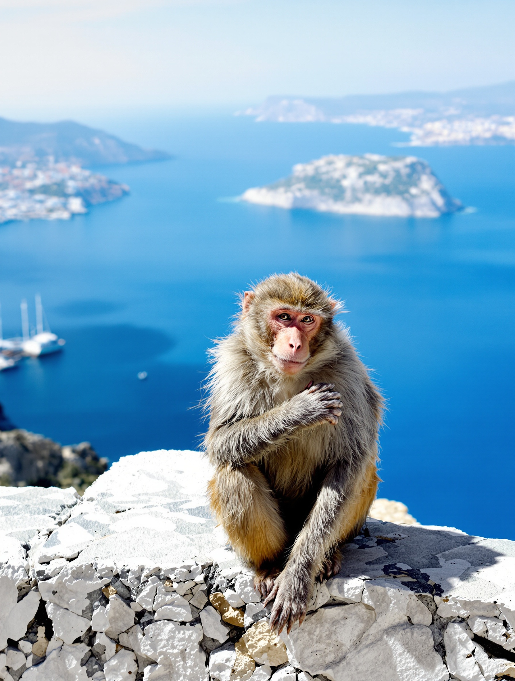 Un macaque de Barbarie assis sur un muret du Rocher de Gibraltar, l'air pensif. En arrière-plan, on aperçoit le détroit et les côtes, illustrant son environnement unique.