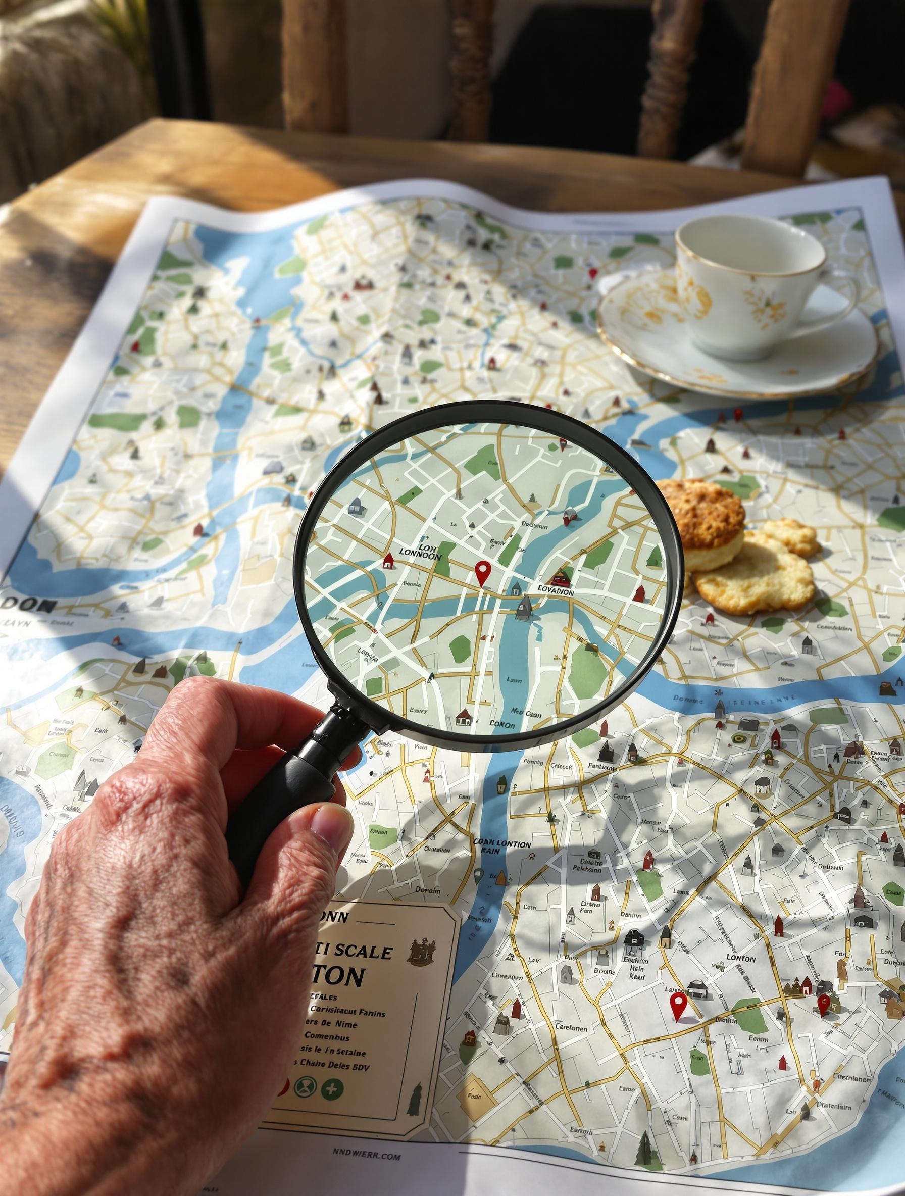 Main ridée tenant une loupe sur l’échelle d’une carte de Londres posée près d’un scone.