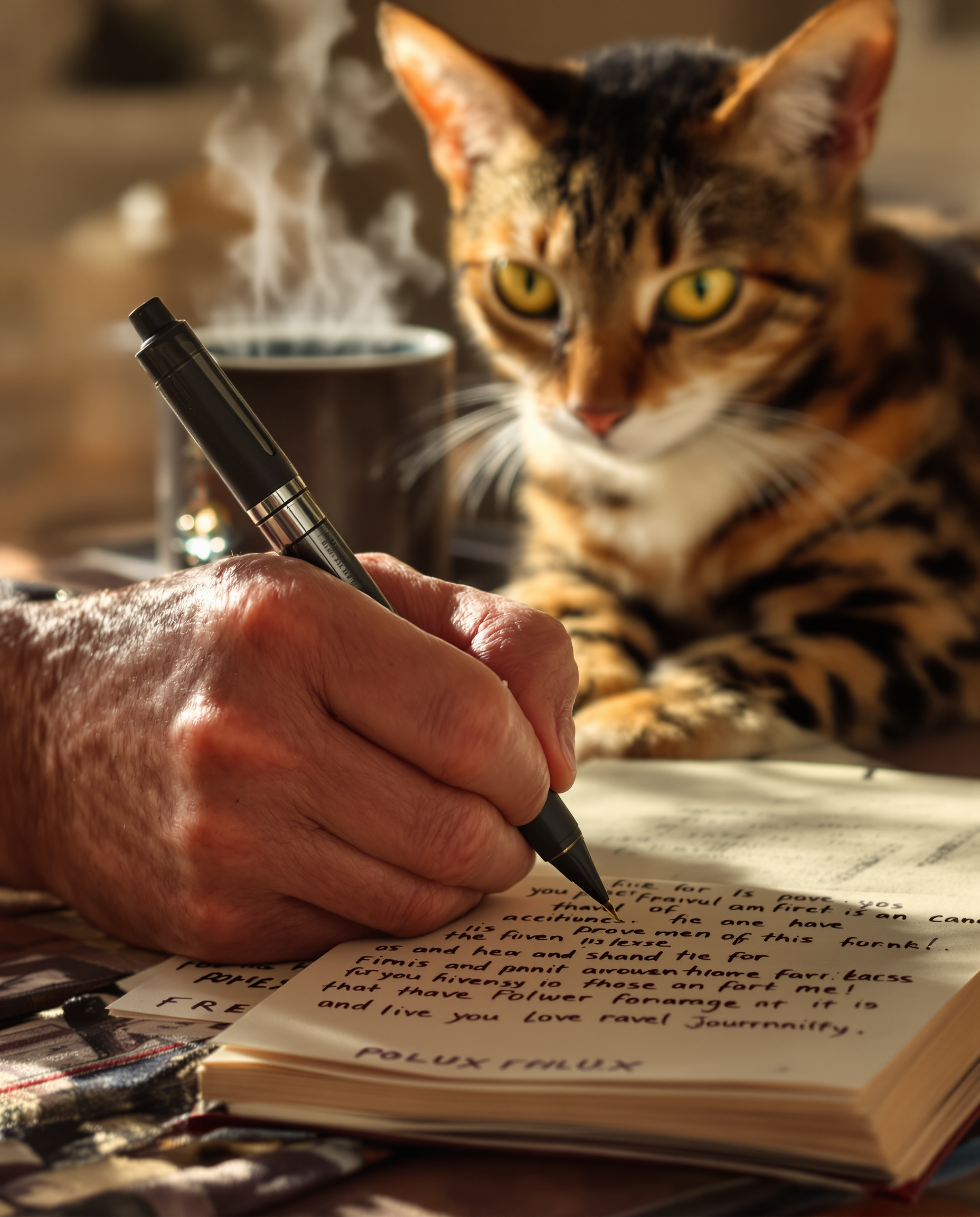 Gros plan sur une main burinée de voyageur tenant un stylo et écrivant dans un carnet de route. En arrière-plan flou, une tasse fumante et le museau curieux d'un chat Bengal, Polux.