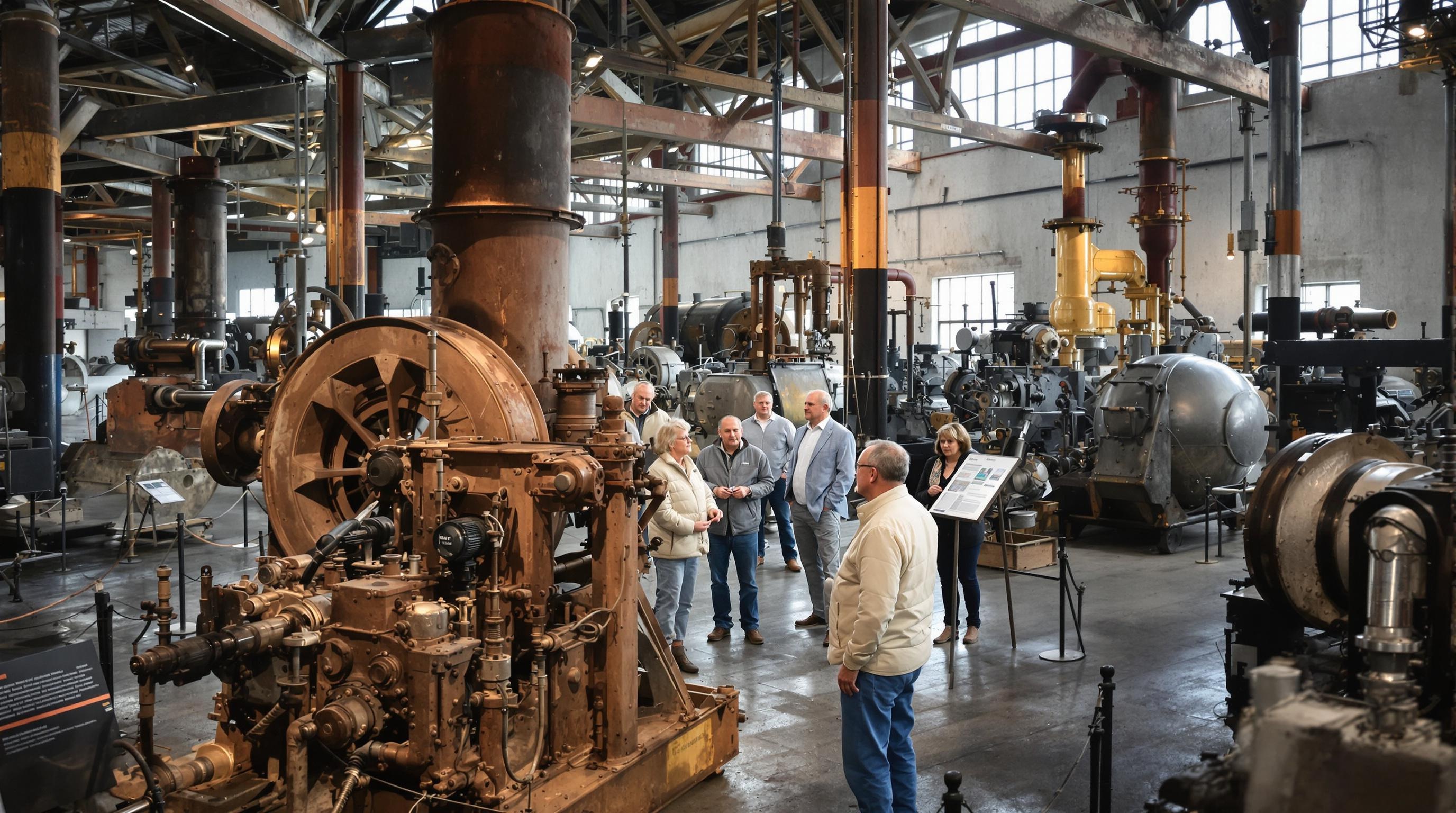 Intérieur de la Maison de la Construction Navale à La Ciotat, parcours guidé avec un petit groupe senior, machines anciennes exposées, panneau explicatif, ambiance industrielle couverte.