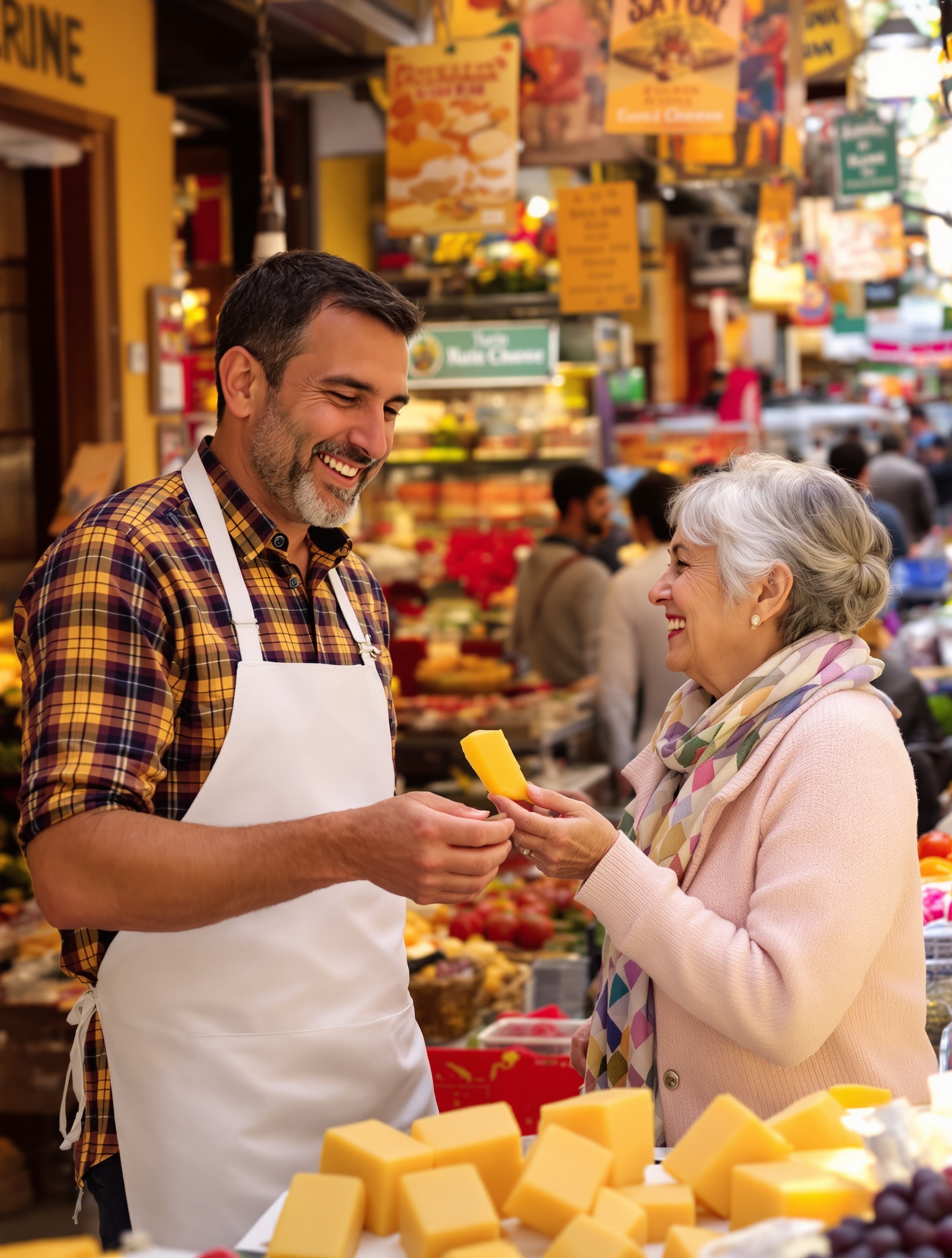 Un marchand turinois souriant offre une dégustation de fromage à une cliente senior dans un marché animé, illustrant la chaleur humaine et la convivialité des échanges.
