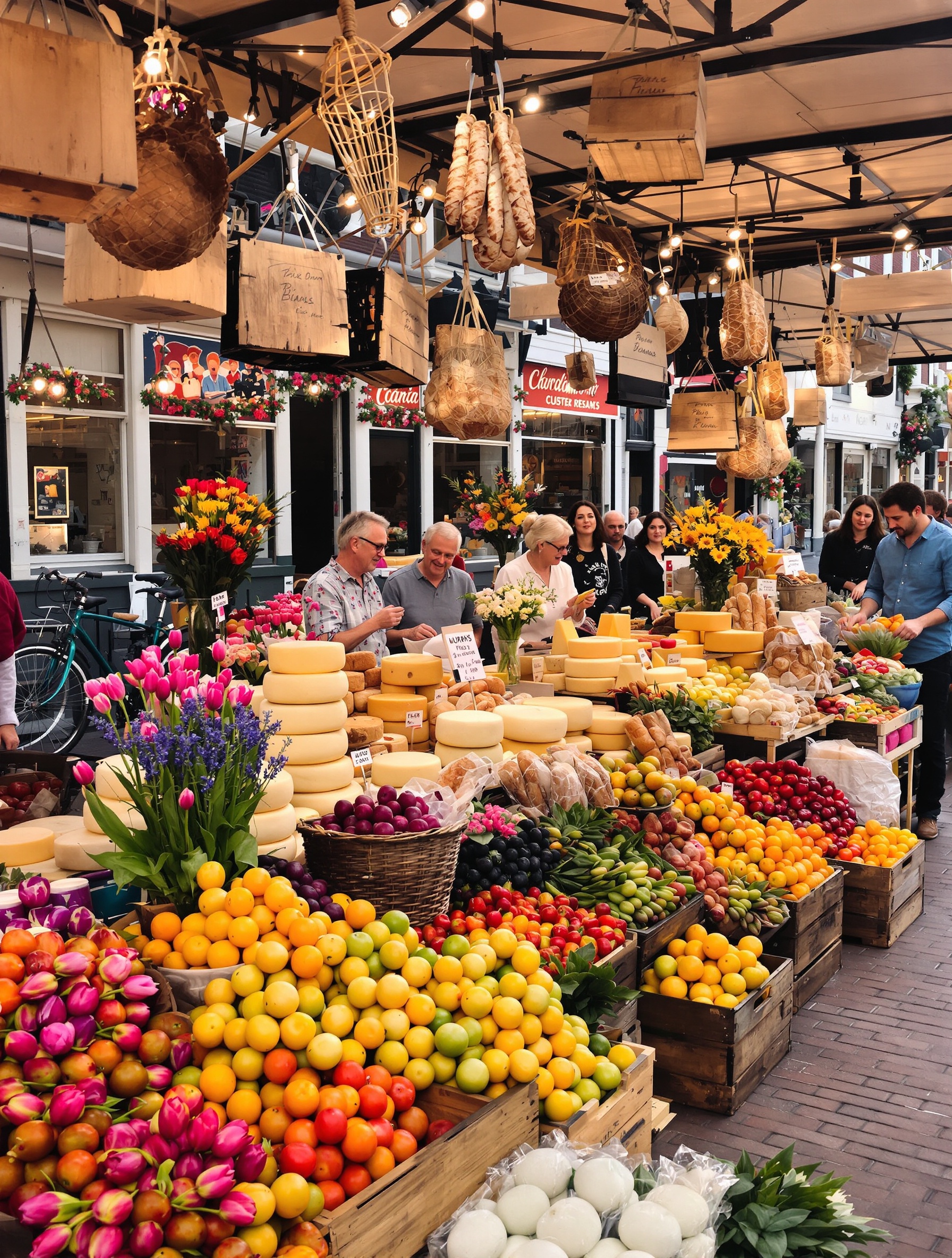 Un étal coloré sur un marché d'Amsterdam, proposant des produits frais et des spécialités locales, une expérience gustative à ne pas manquer lors d'un séjour en camping.