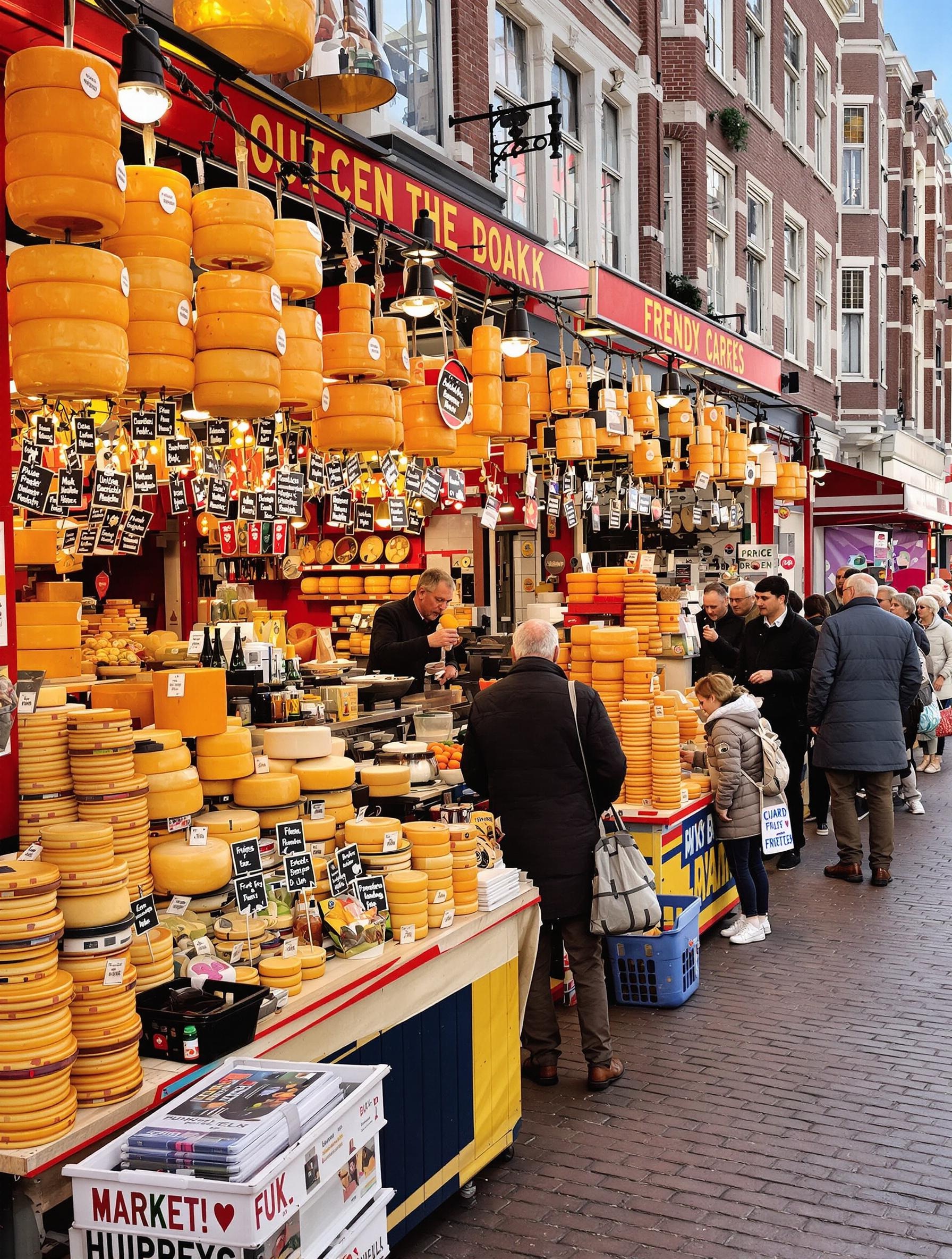 Marché typique à Amsterdam avec des étals de gastronomie locale