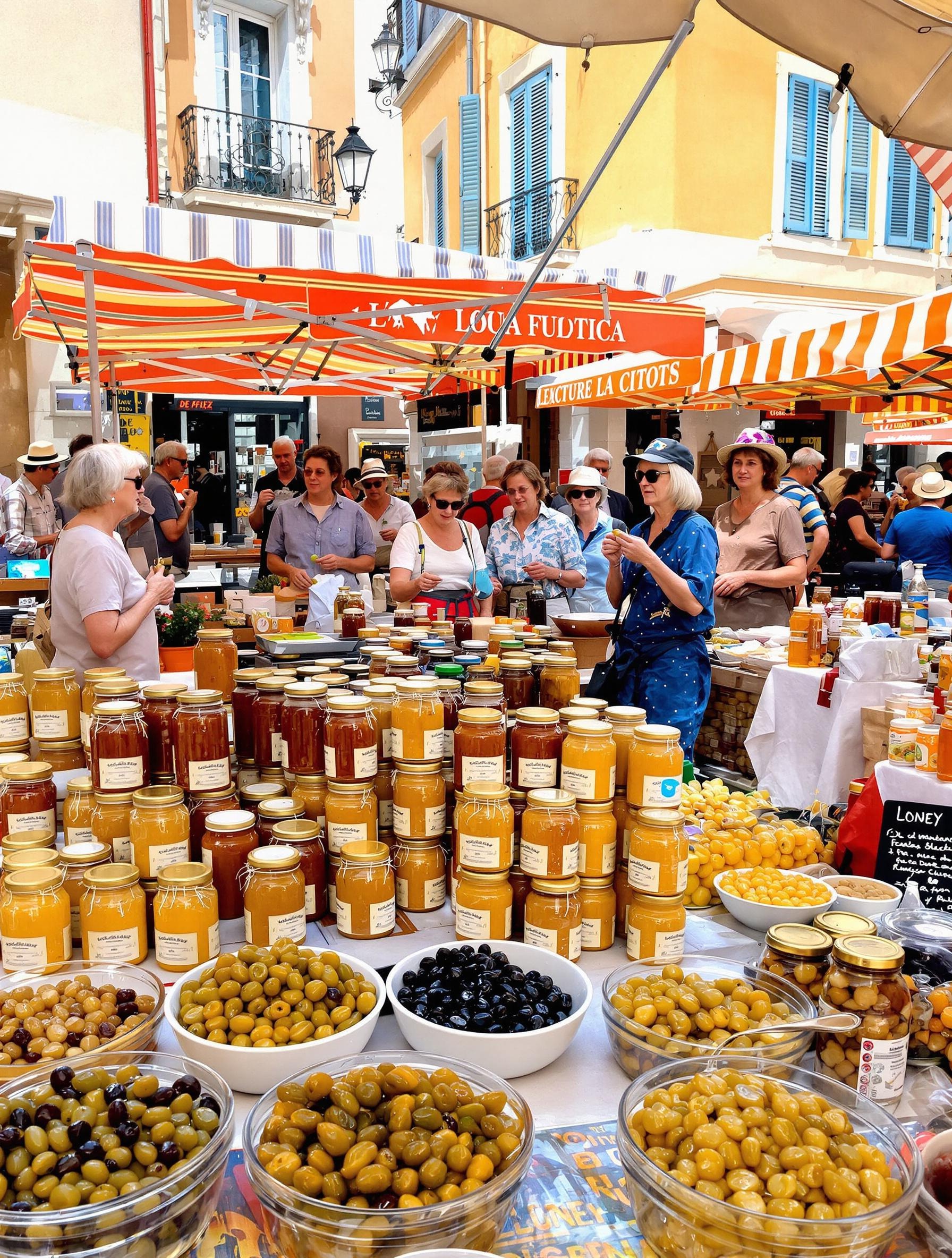 Marché provençal animé à La Ciotat : étal de miel artisanal, olives vertes/noires et tapenade maison, clientèle d’habitués seniors, ambiance colorée et conviviale.