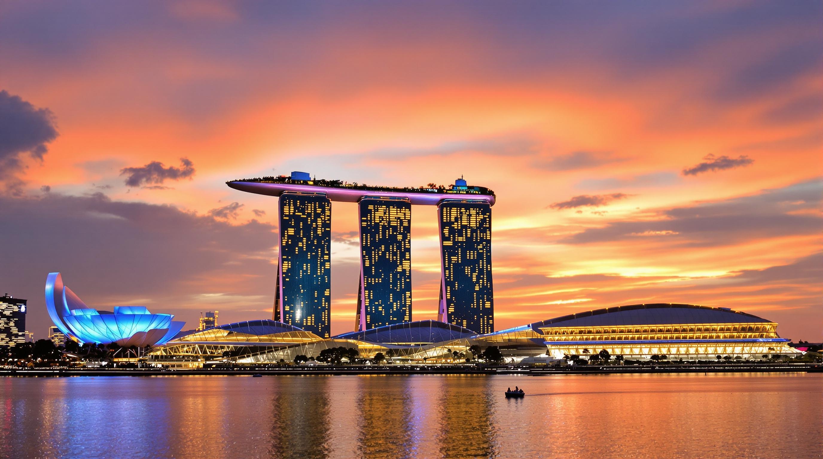 Vue panoramique sur Marina Bay Sands au coucher du soleil avec jeux lumineux.