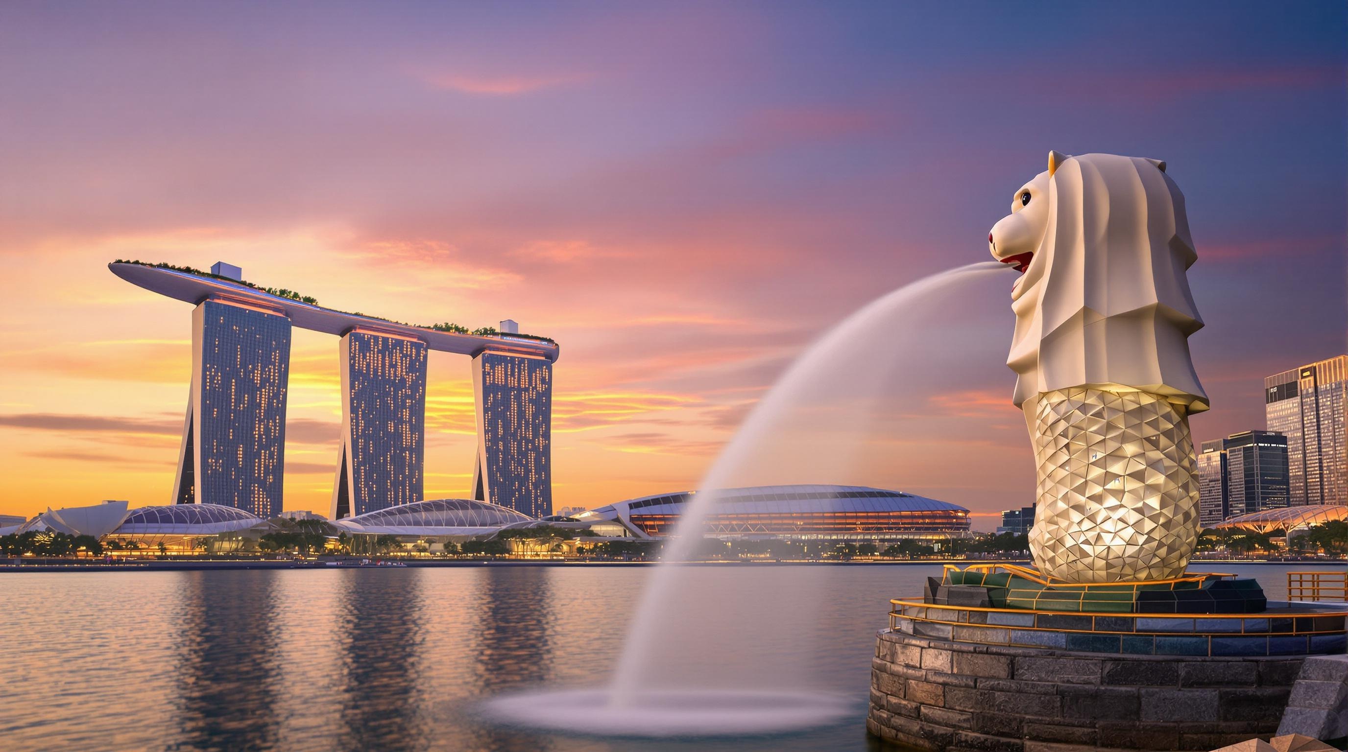 Marina Bay Sands et statue du Merlion au coucher du soleil