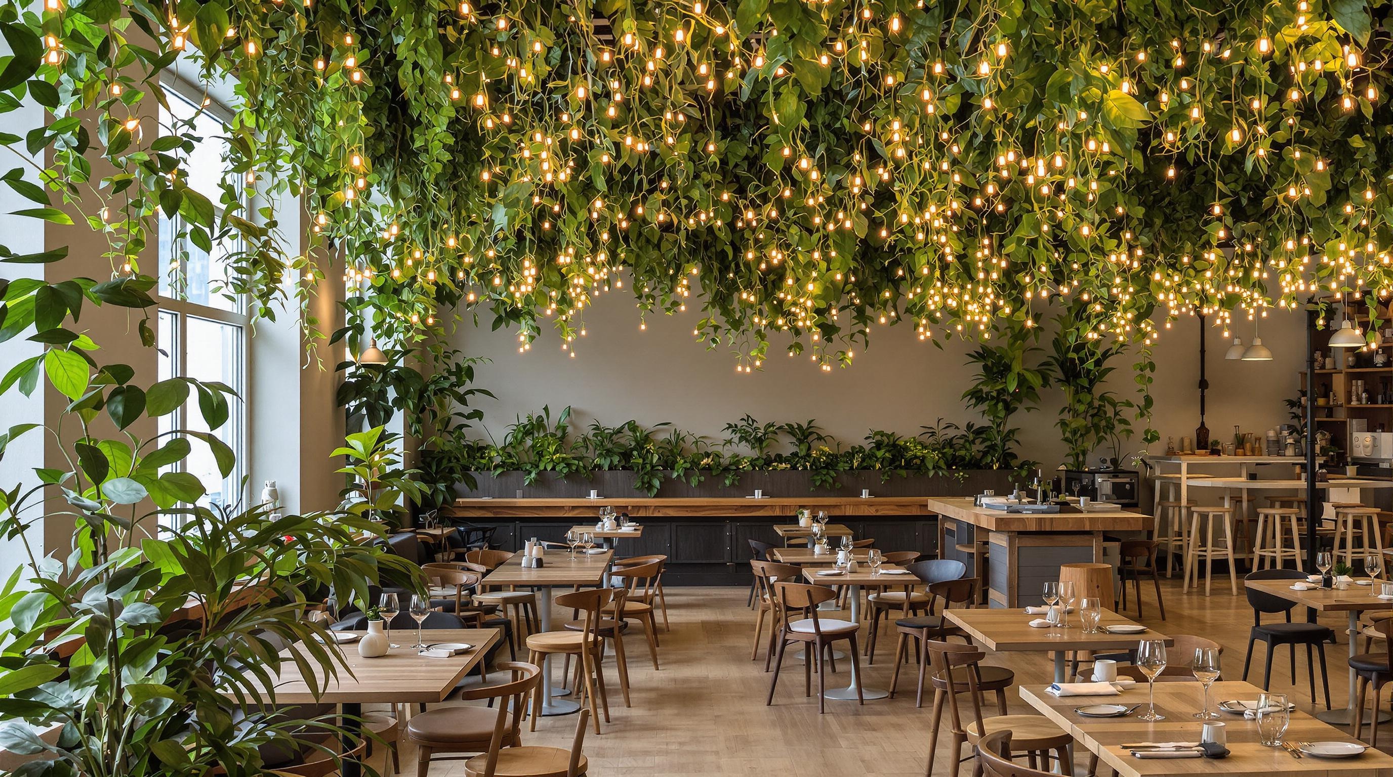 Salle intérieure lumineuse de Mazel Tov avec des plantes suspendues et des lumières guinguette