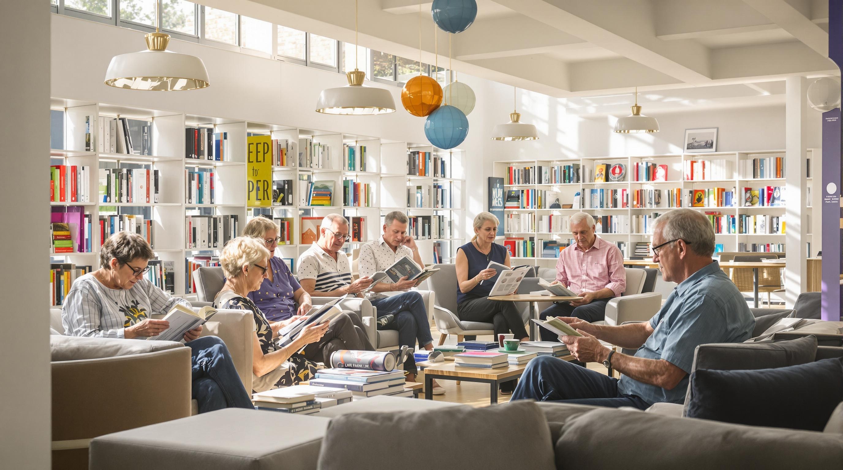Espace lumineux de la médiathèque Simone-Veil à La Ciotat, seniors participant à un atelier lecture, rayonnages contemporains, ambiance studieuse et conviviale.