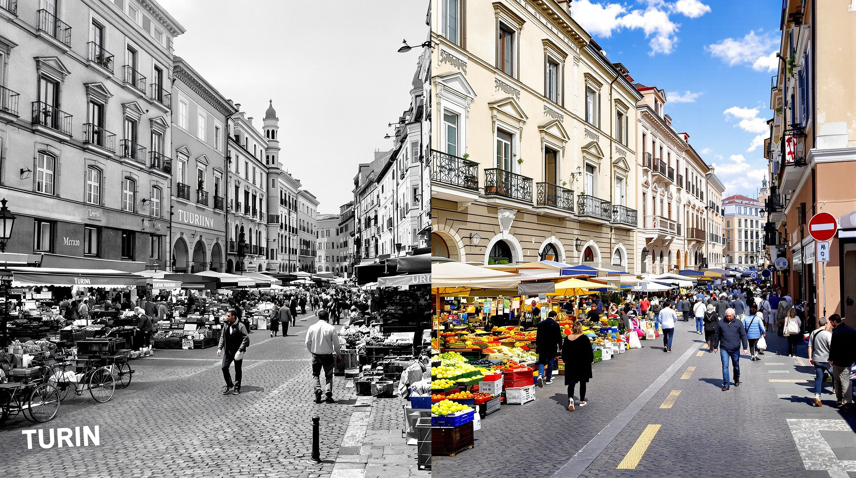 Montage comparant une photographie d'archive d'un marché turinois d'antan avec une vue moderne du même lieu, soulignant la continuité historique et l'évolution de la ville.