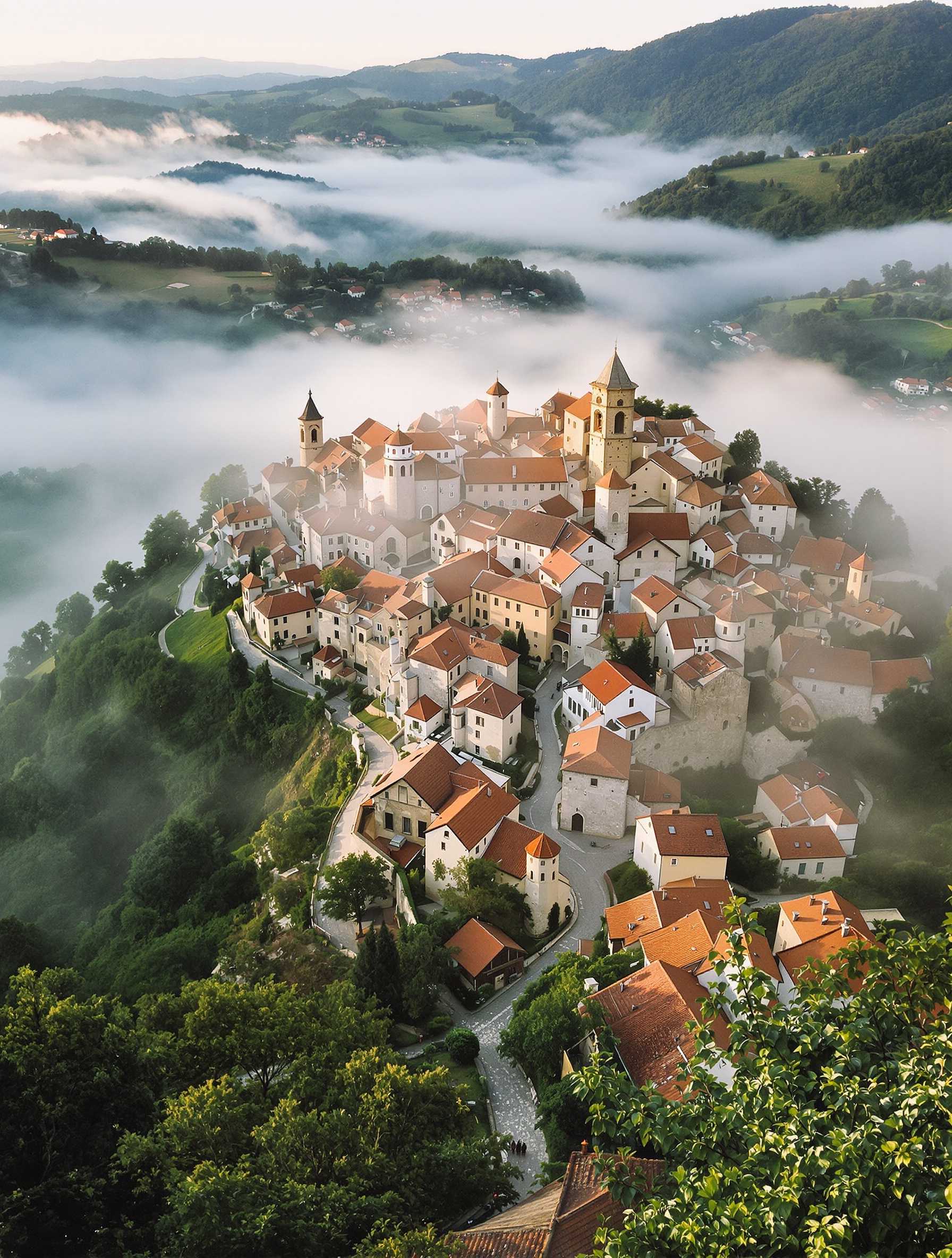Le village médiéval de Motovun en Istrie, perché au sommet d'une colline et entouré de brume matinale, évoquant une atmosphère mystérieuse et authentique.