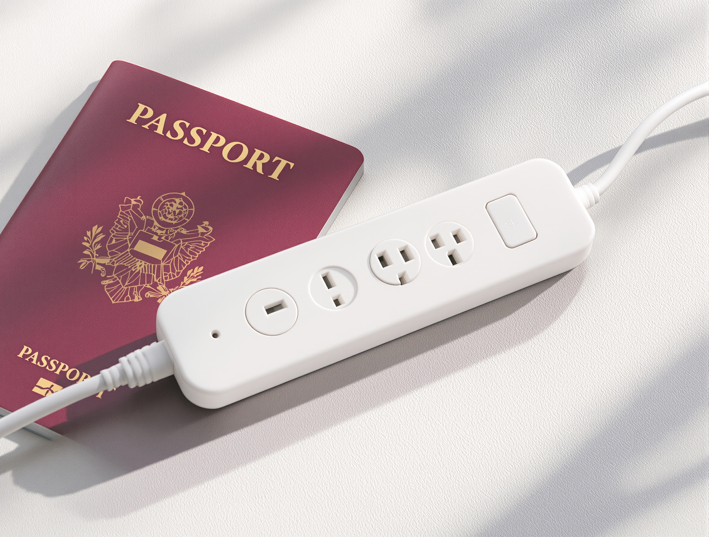 Multiprise française compacte idéale pour voyager, posée à côté d'un passeport