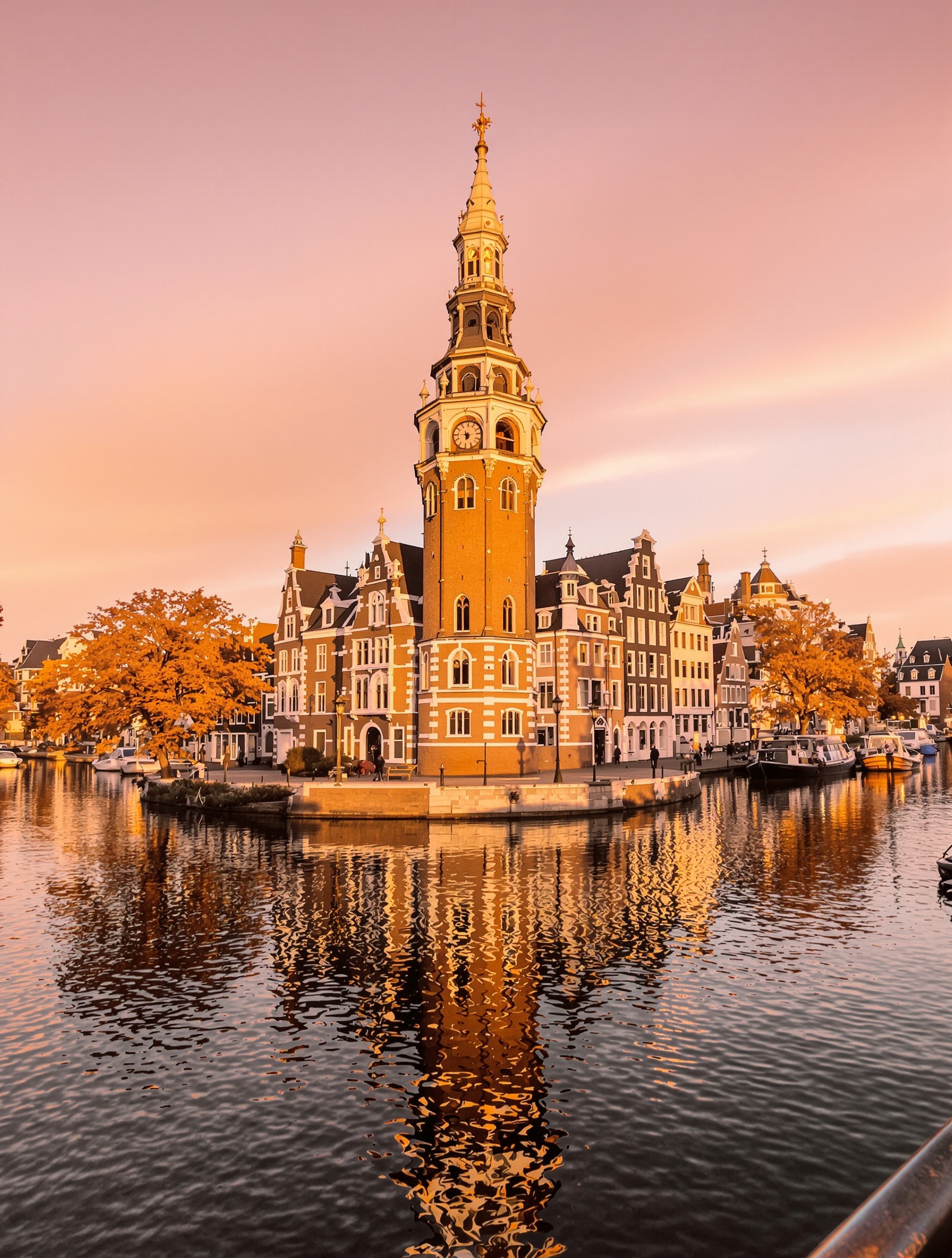 Vue recommandée : Munttoren depuis le pont du canal Singel au coucher du soleil.