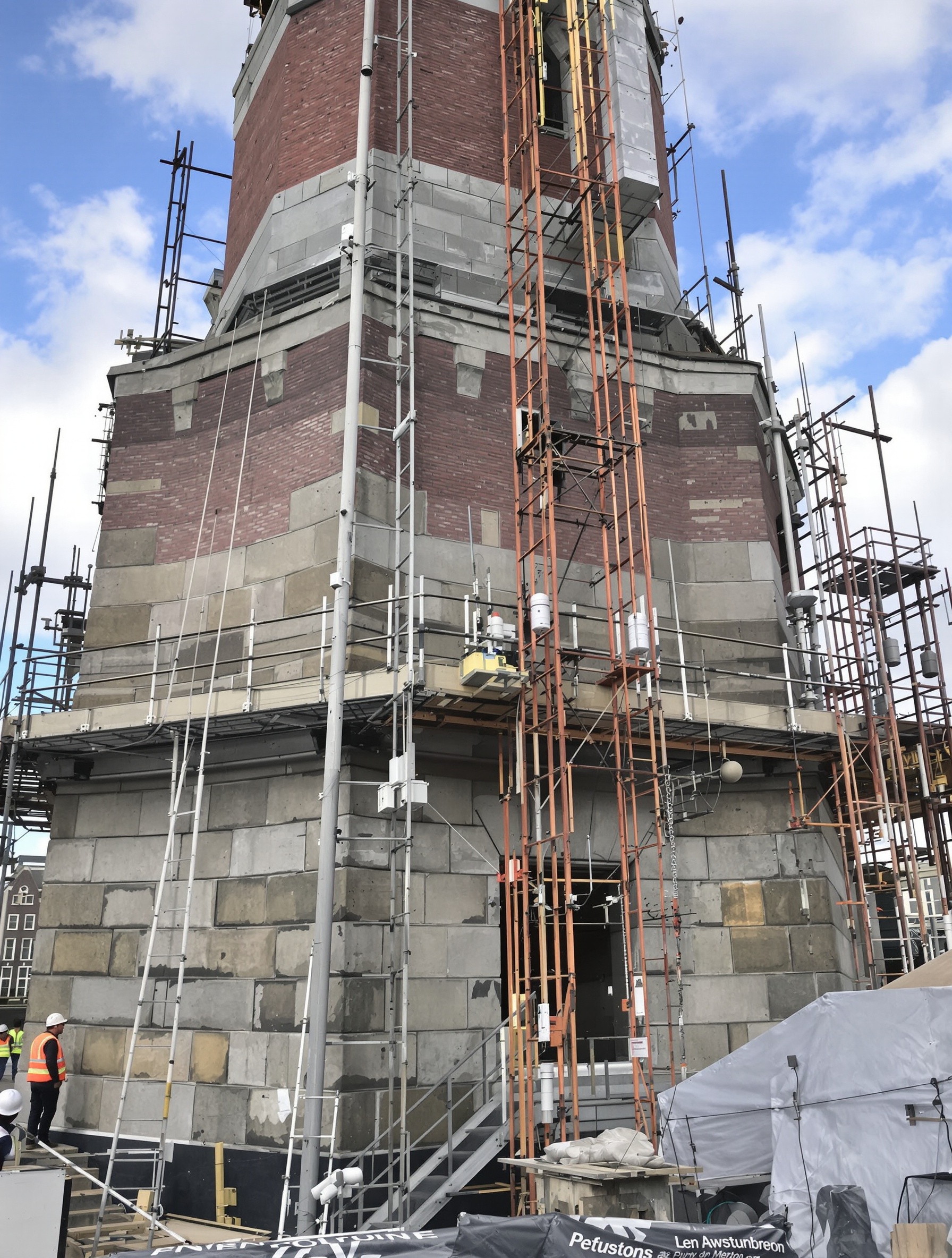 Base de la Munttoren renforcée pendant les travaux du métro Noord/Zuidlijn à Amsterdam.