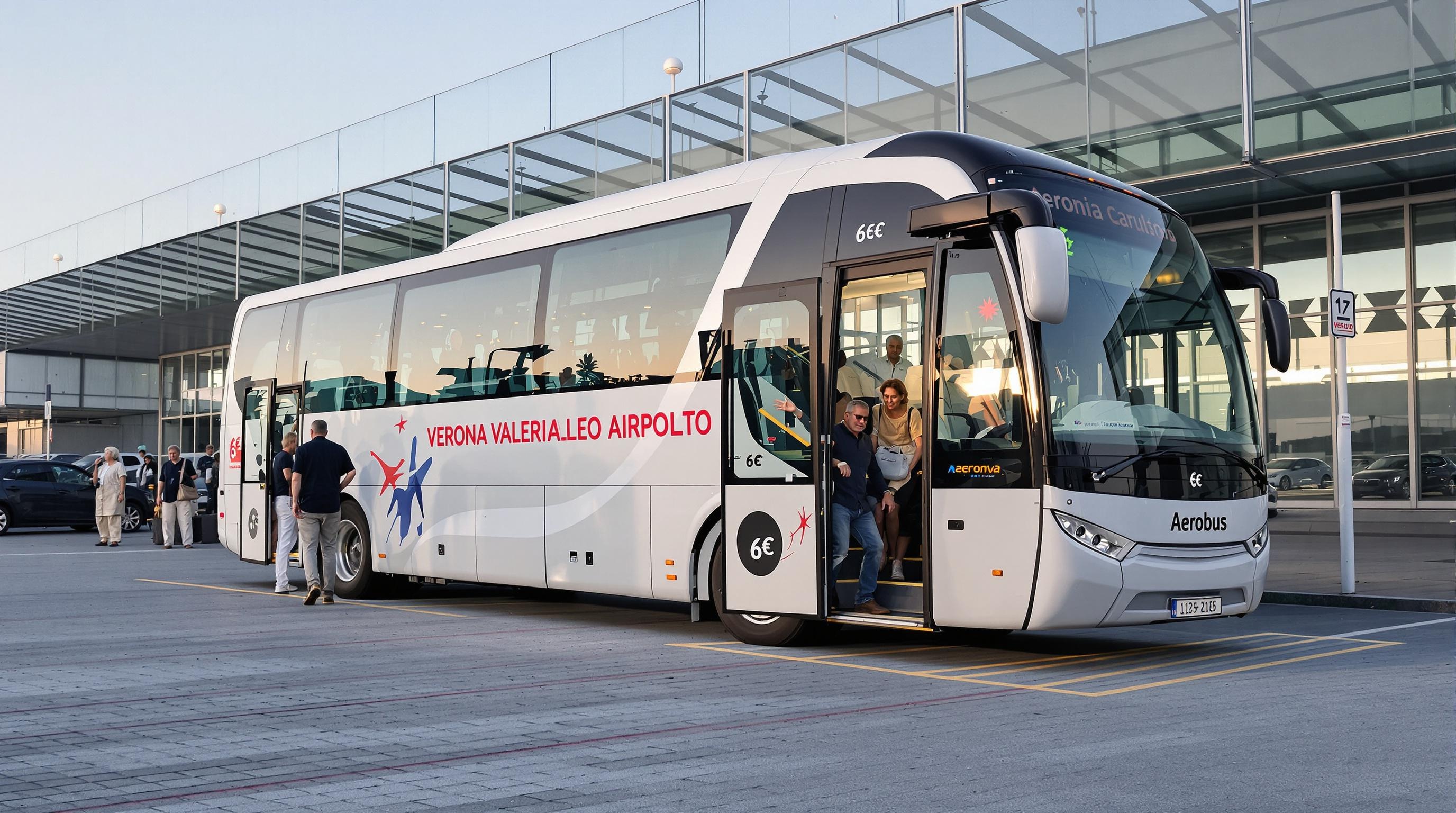 Navette Aerobus devant l'aéroport Valerio Catullo de Vérone, passagers montant à bord, panneau affichant '6€'