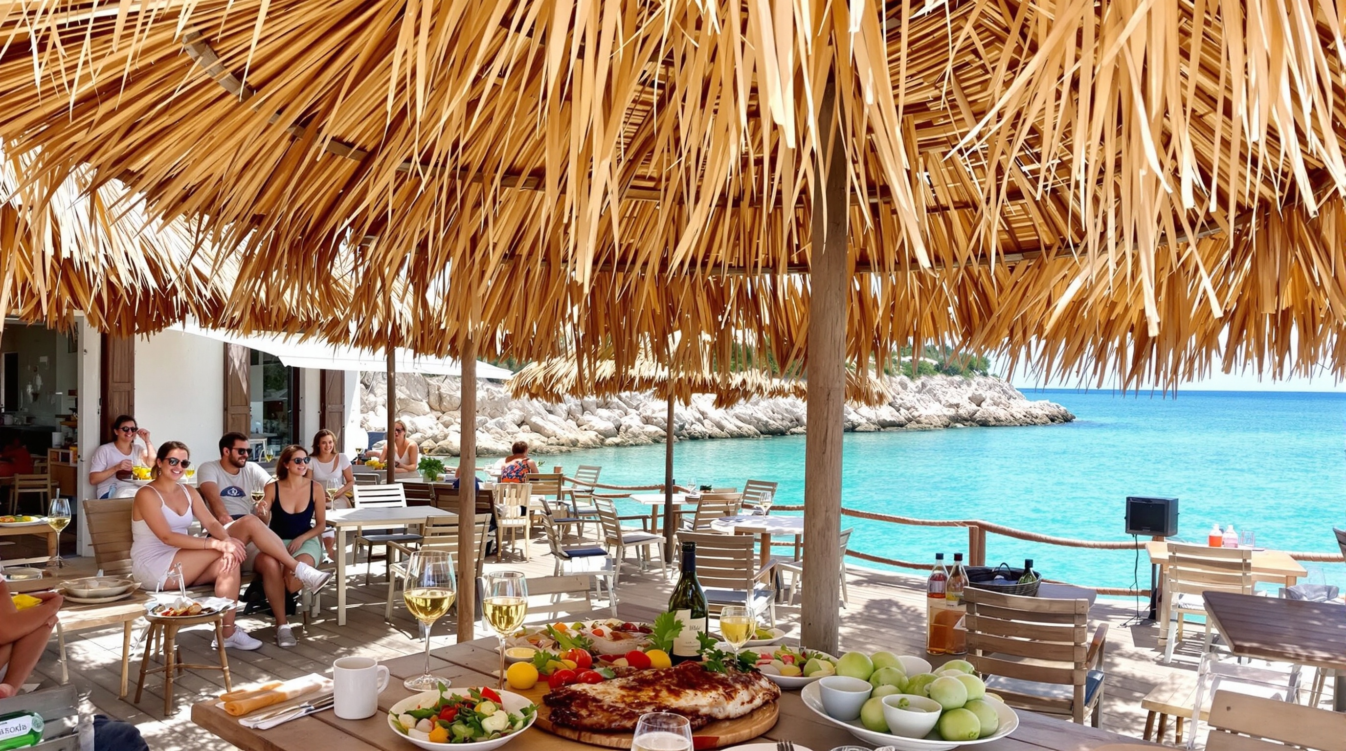 Vue authentique de la paillote U Paradisu à Tamarone : terrasse en bois face à la mer avec ambiance décontractée.