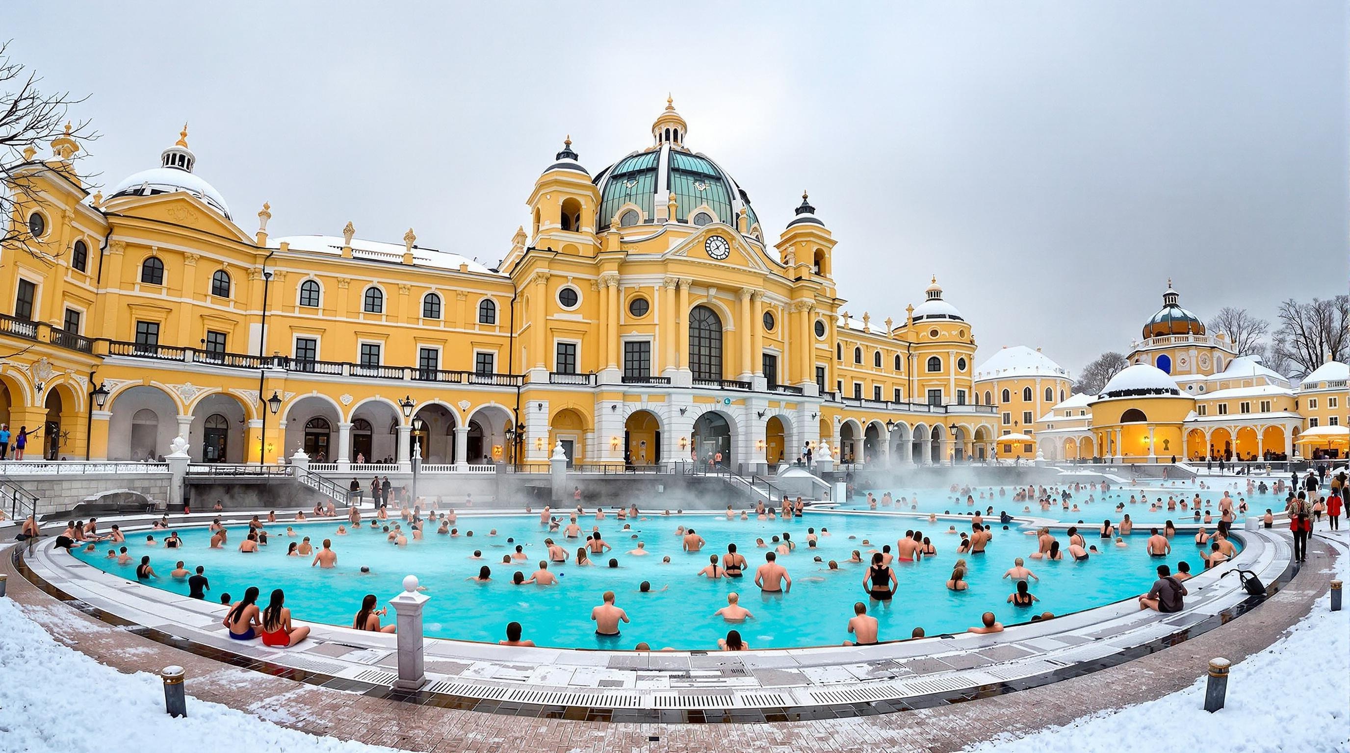 Vue extérieure des Bains Széchenyi en hiver.
