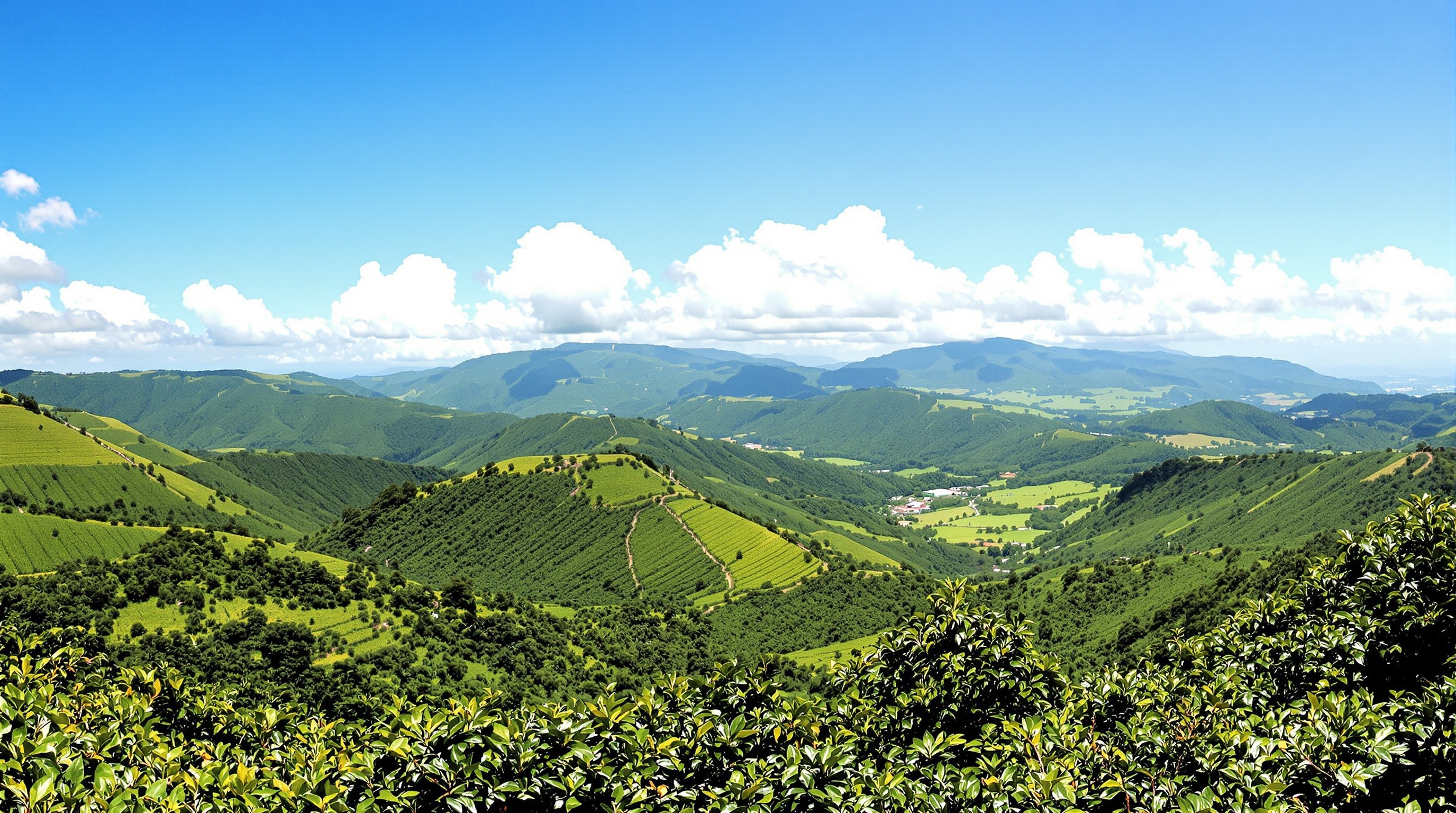 Vue panoramique des Blue Mountains en Jamaïque avec plantations de café verdoyantes.