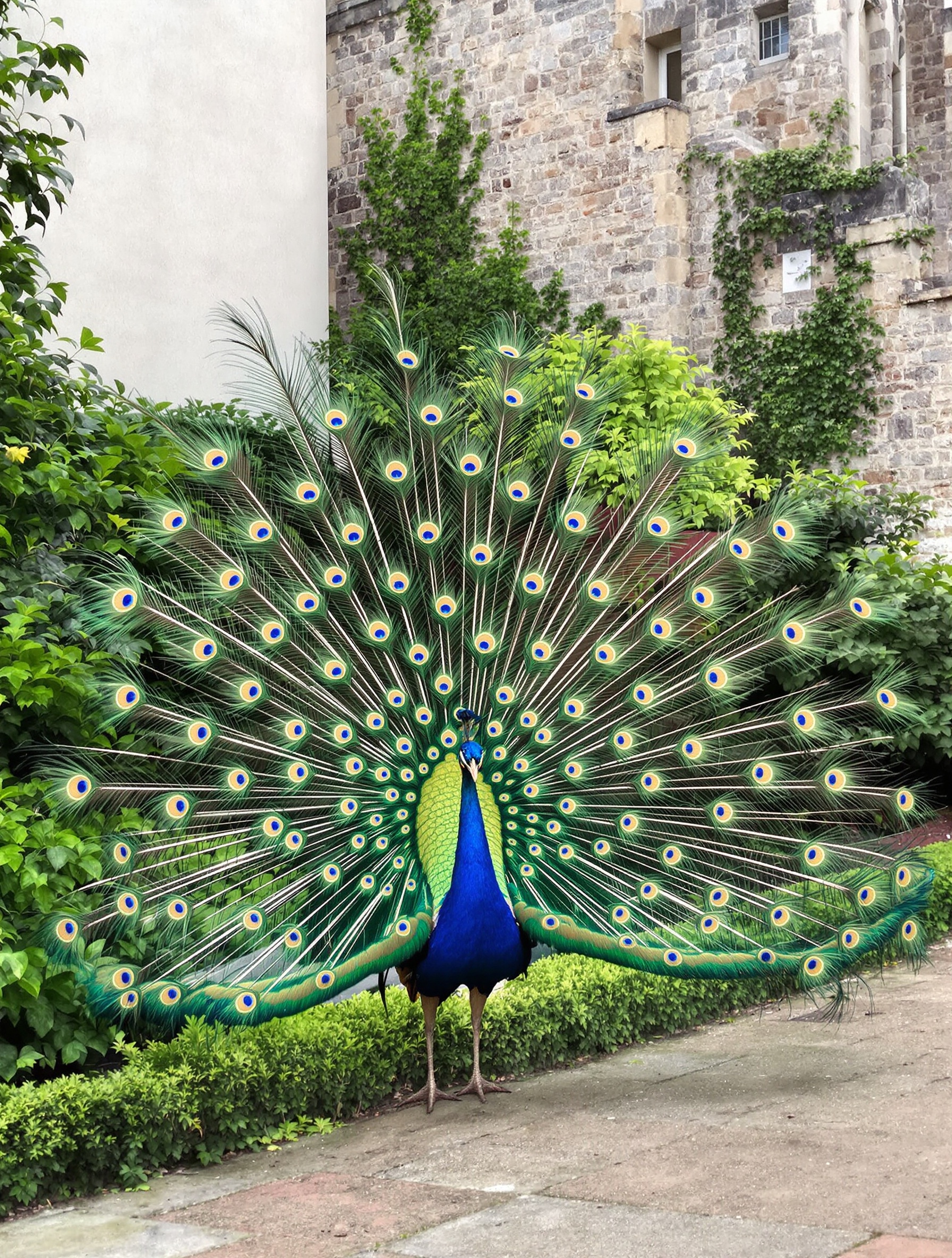 Un paon majestueux faisant la roue dans les jardins verdoyants du château, avec les murs de pierre anciens en arrière-plan. L'image doit évoquer la tranquillité et la beauté.