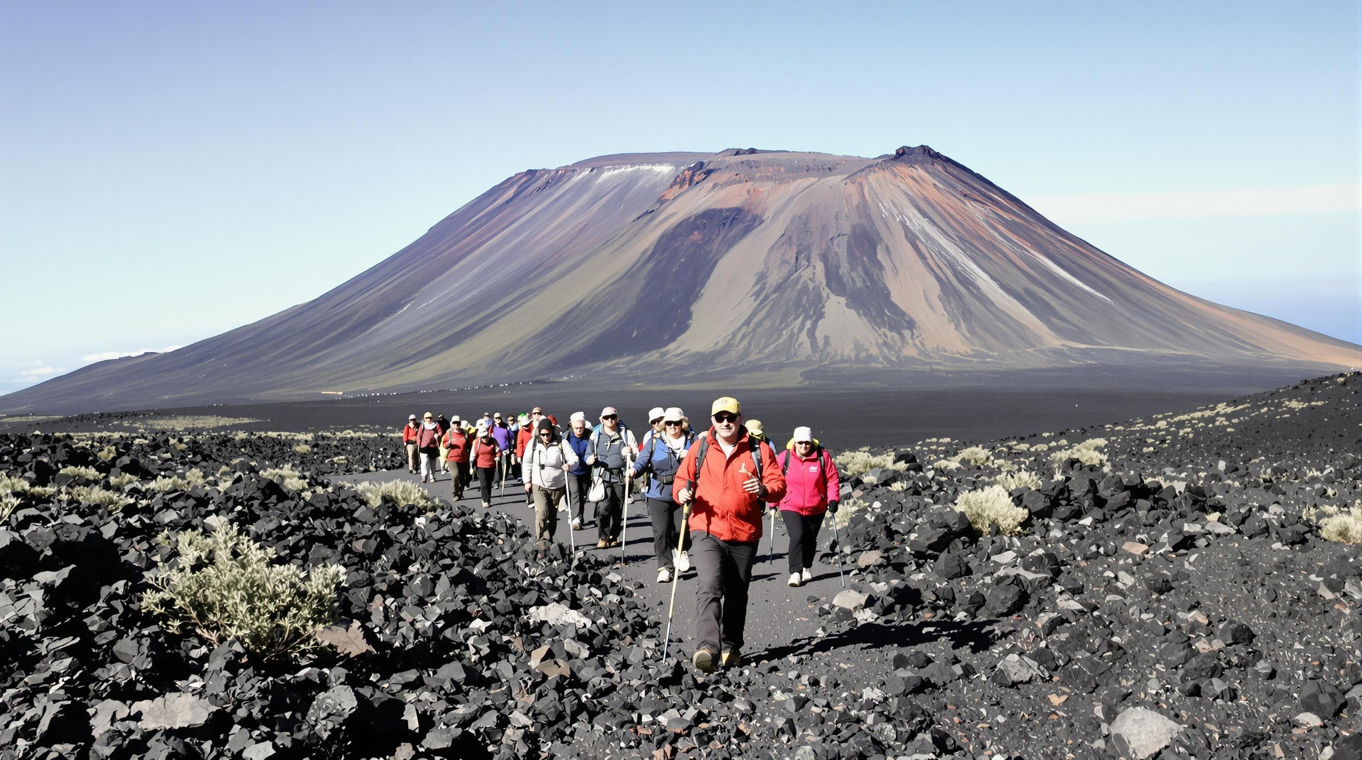 Seniors équipés randonnée sur sentier sécurisé Etna au pied cratère secondaire