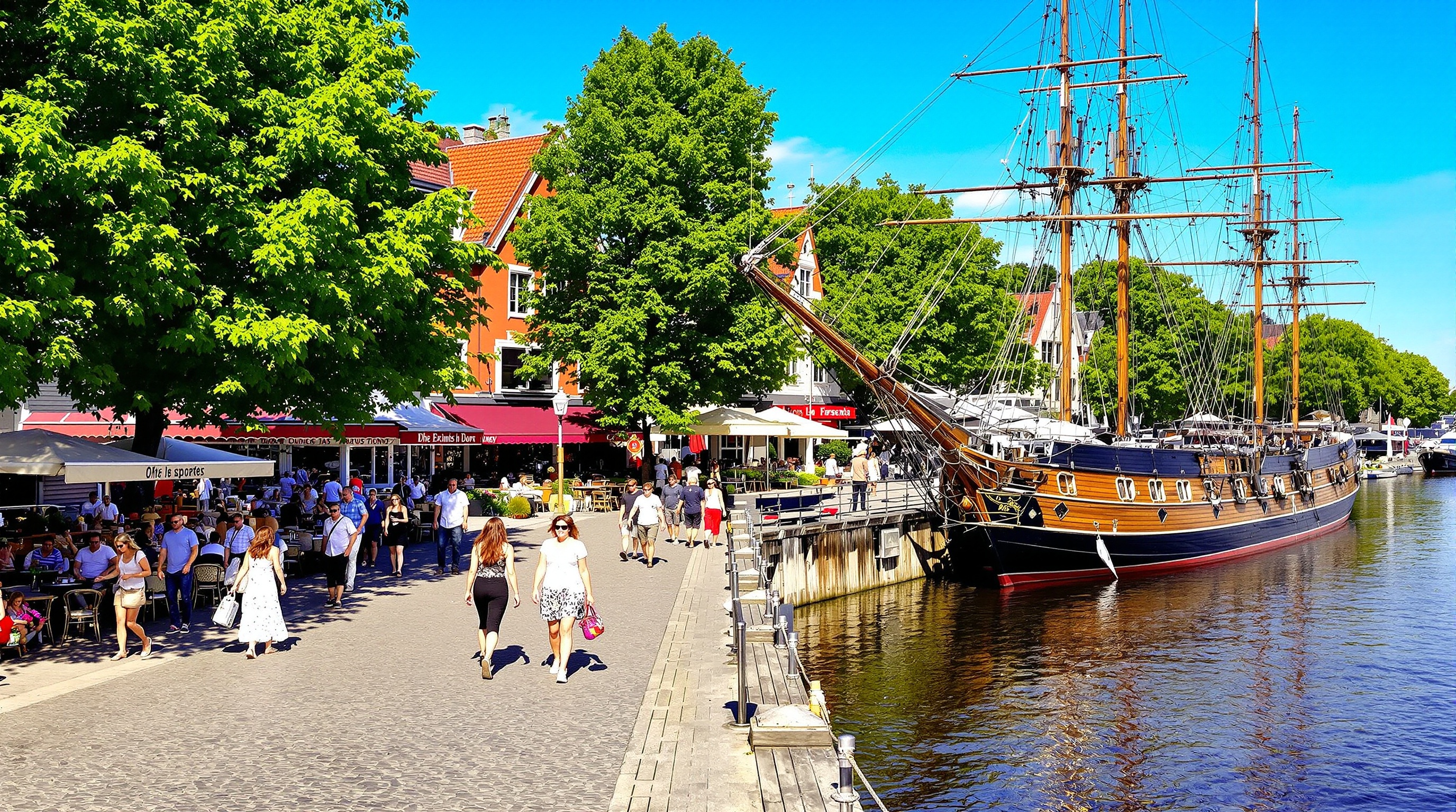 Des passants flânant le long de la rivière Aura à Turku, bordée de restaurants et de voiliers historiques, illustrant le cœur vibrant de la ville.